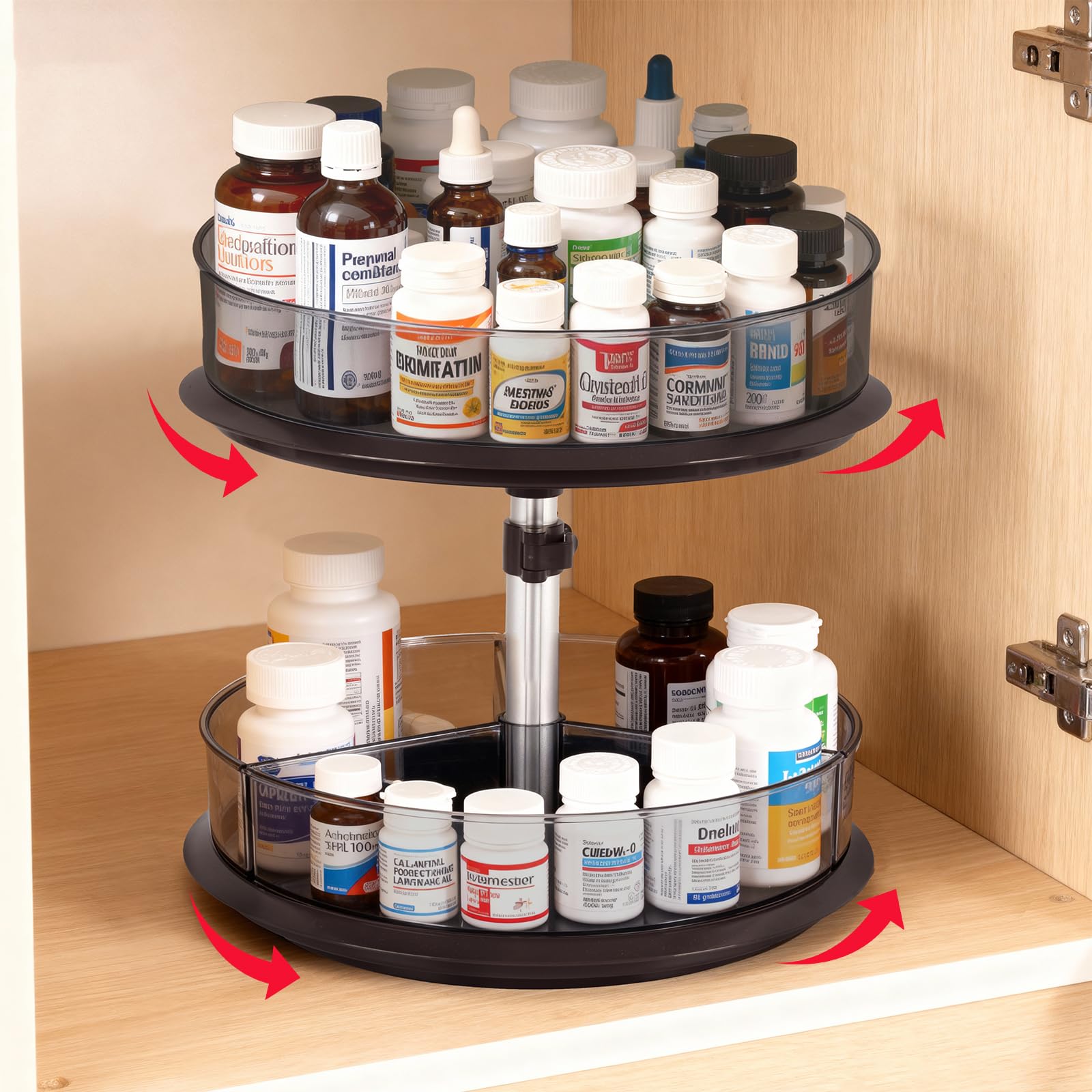 2 Tier Medicine Cabinet Organizer, Rotary Turntable Organizer for Medicine and Vitamin Bottles, Under Sink Organizer for Medicin