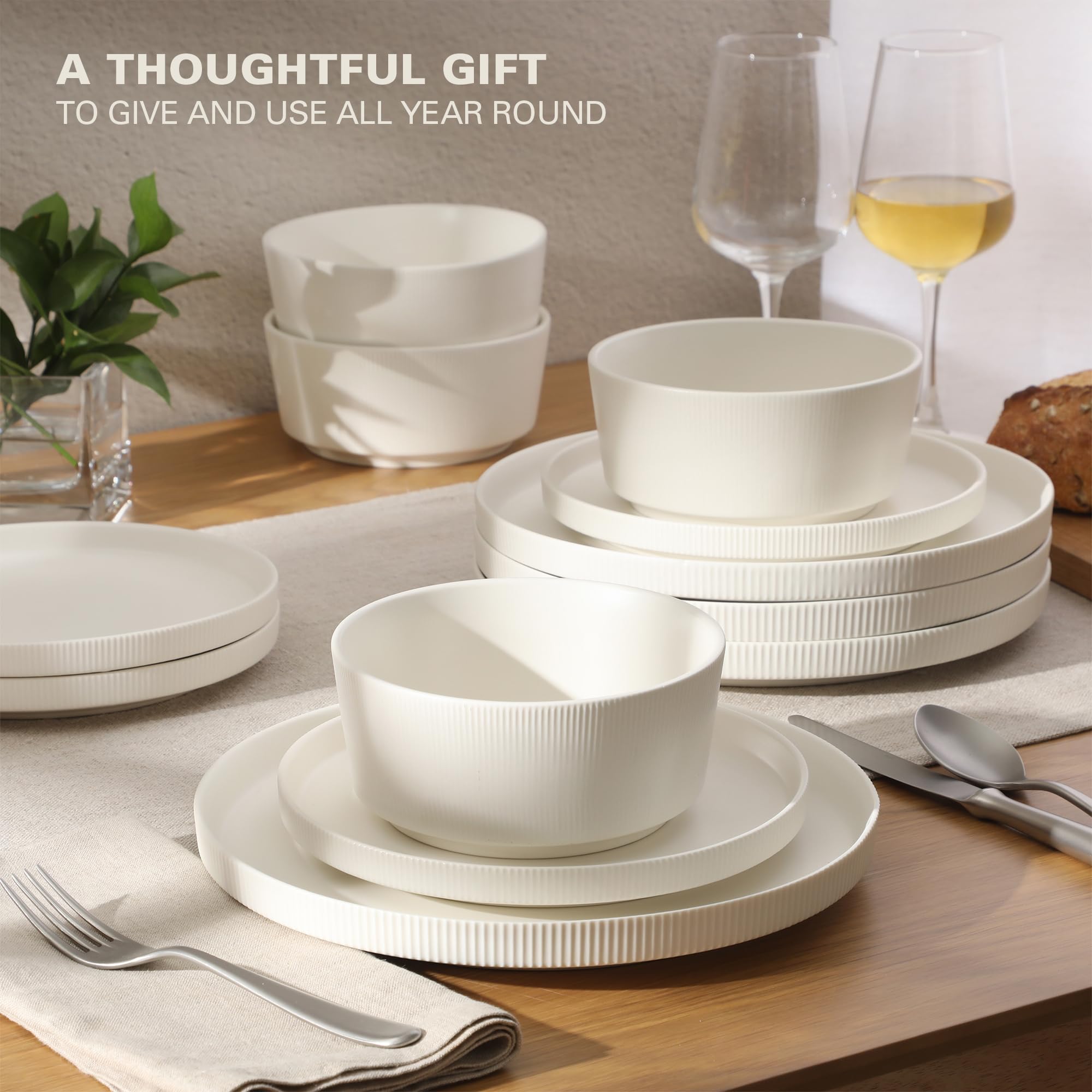 Gibson Home Dempsey Road 12-Piece Stoneware Dinnerware Set - Service for 4, Round White Plates and Bowls, Durable Solid Color Mo