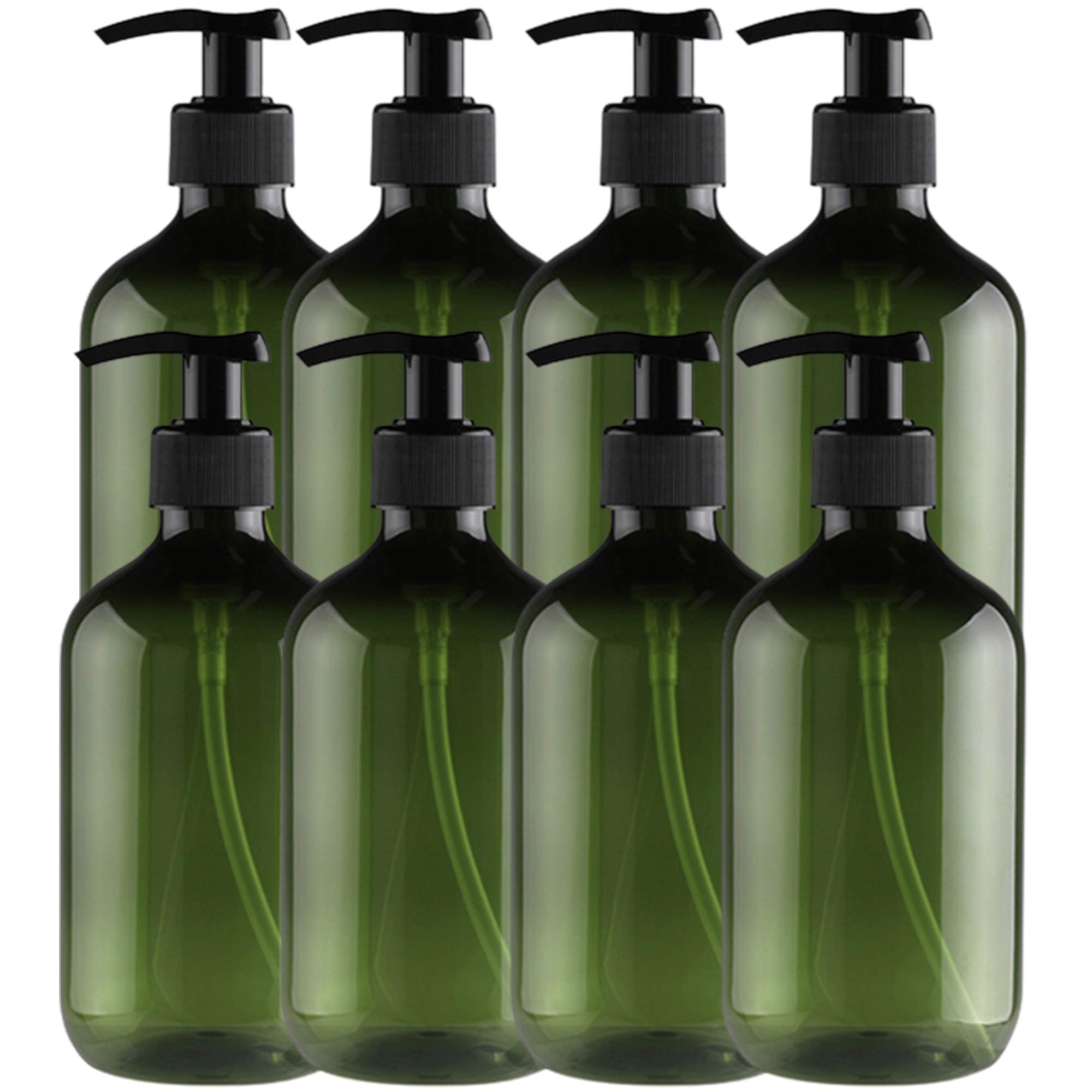 Tejal 16Oz Plastic Bottles With Pump, 8 Pack Liquid Soap Pump Bottles - Dark Green, Refillable Bottle For Cooking Sauces, Essent