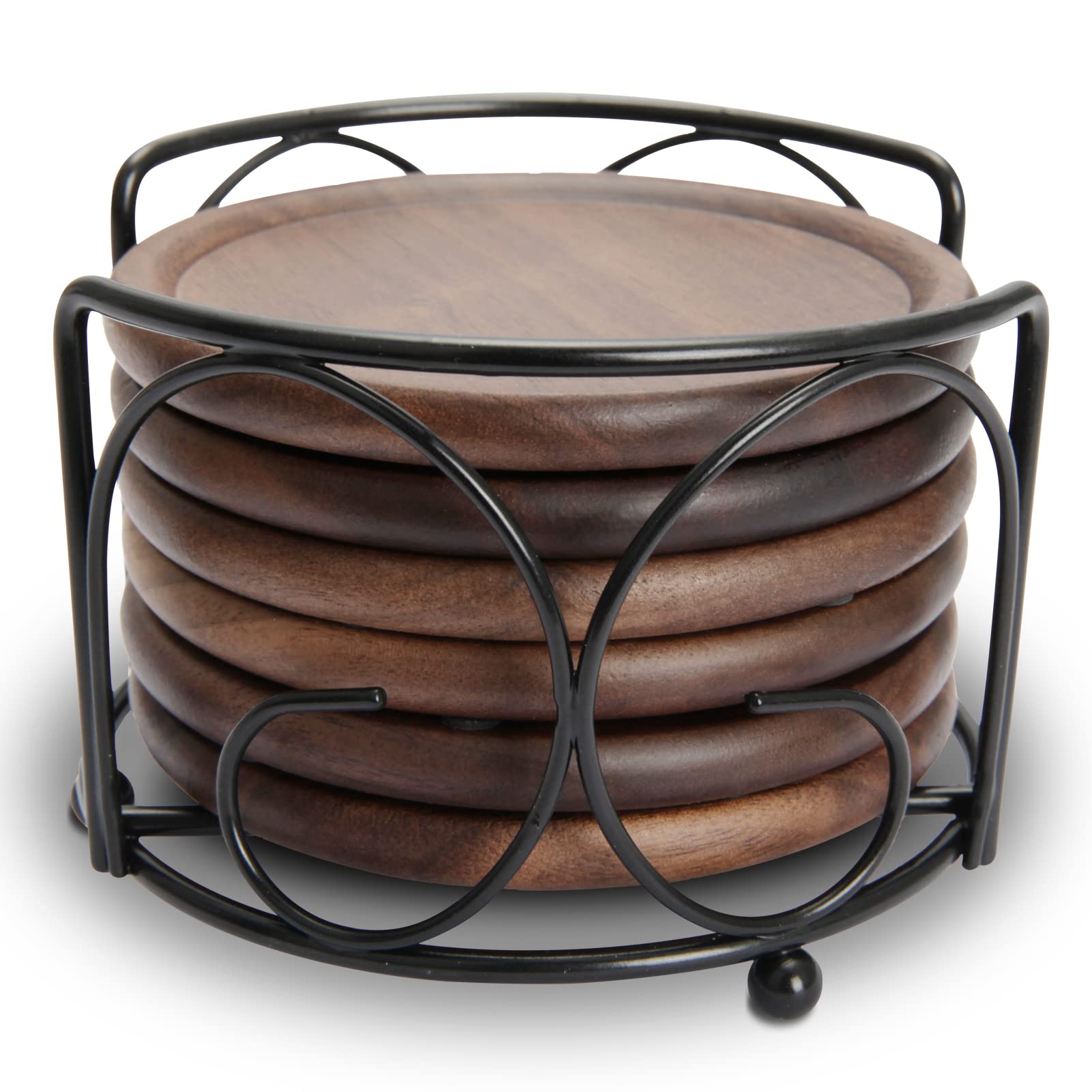 Wood Drink Coasters With Metal Holder, Goh Dodd 4 Inch 6 Pieces Wooden Coasters Cup Coaster Set For Bar Kitchen Home Apartment,