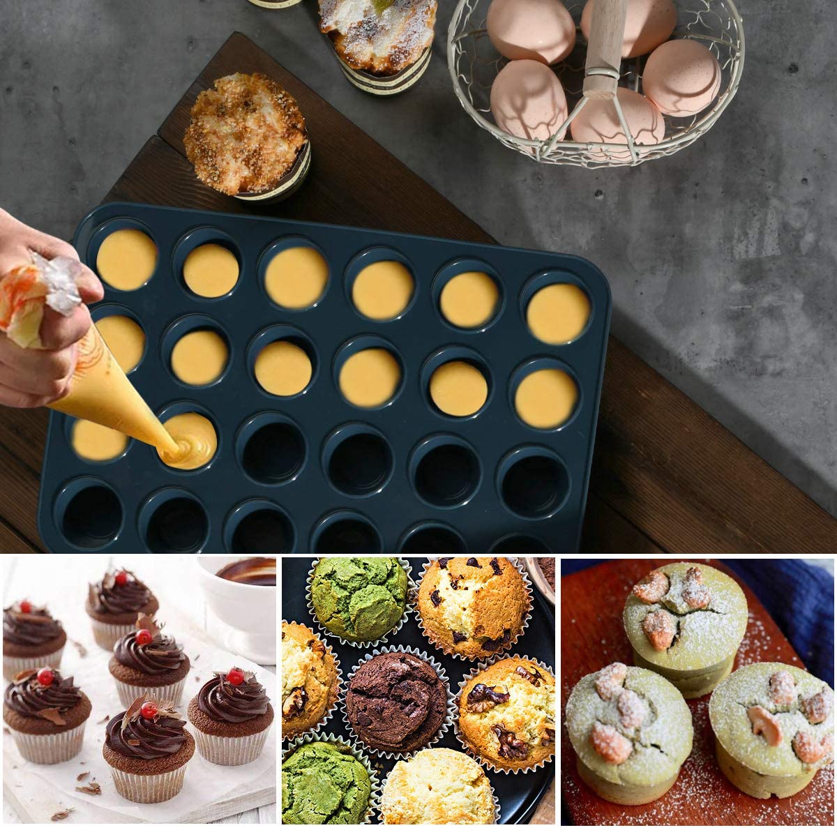 Vnray 2 Pack Mini Silicone Muffin Baking Pan & Cupcake Tray 24 Cups - Nonstick Cake Molds/Tin, Silicon Bakeware, Bpa Free, Dishw