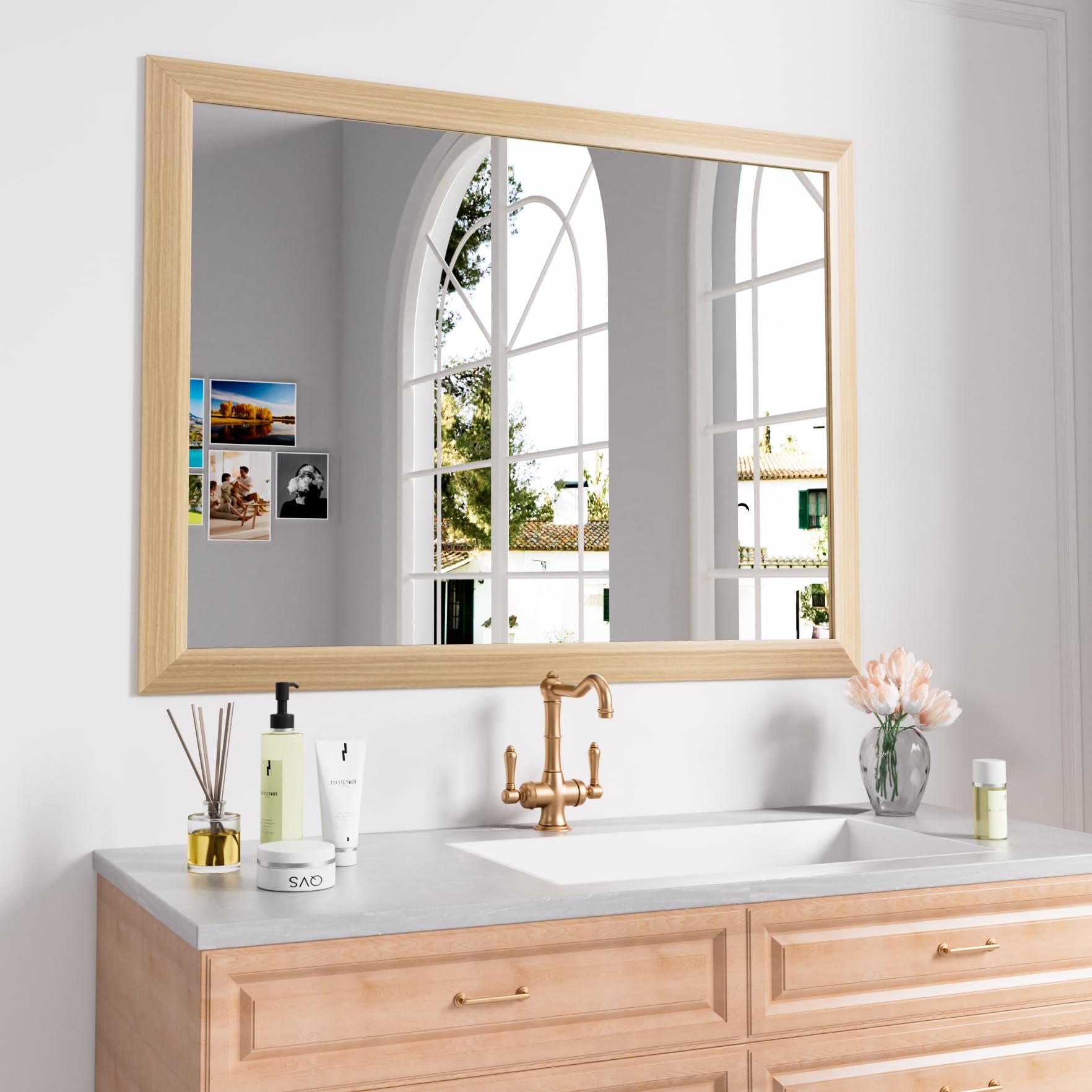 Amorho 40X32 Inch Bathroom Mirror for Wall, Oak Wood Grain Metal Framed Mirror, Anti-Rust, Hang Horizontally/Vertically, Suitabl