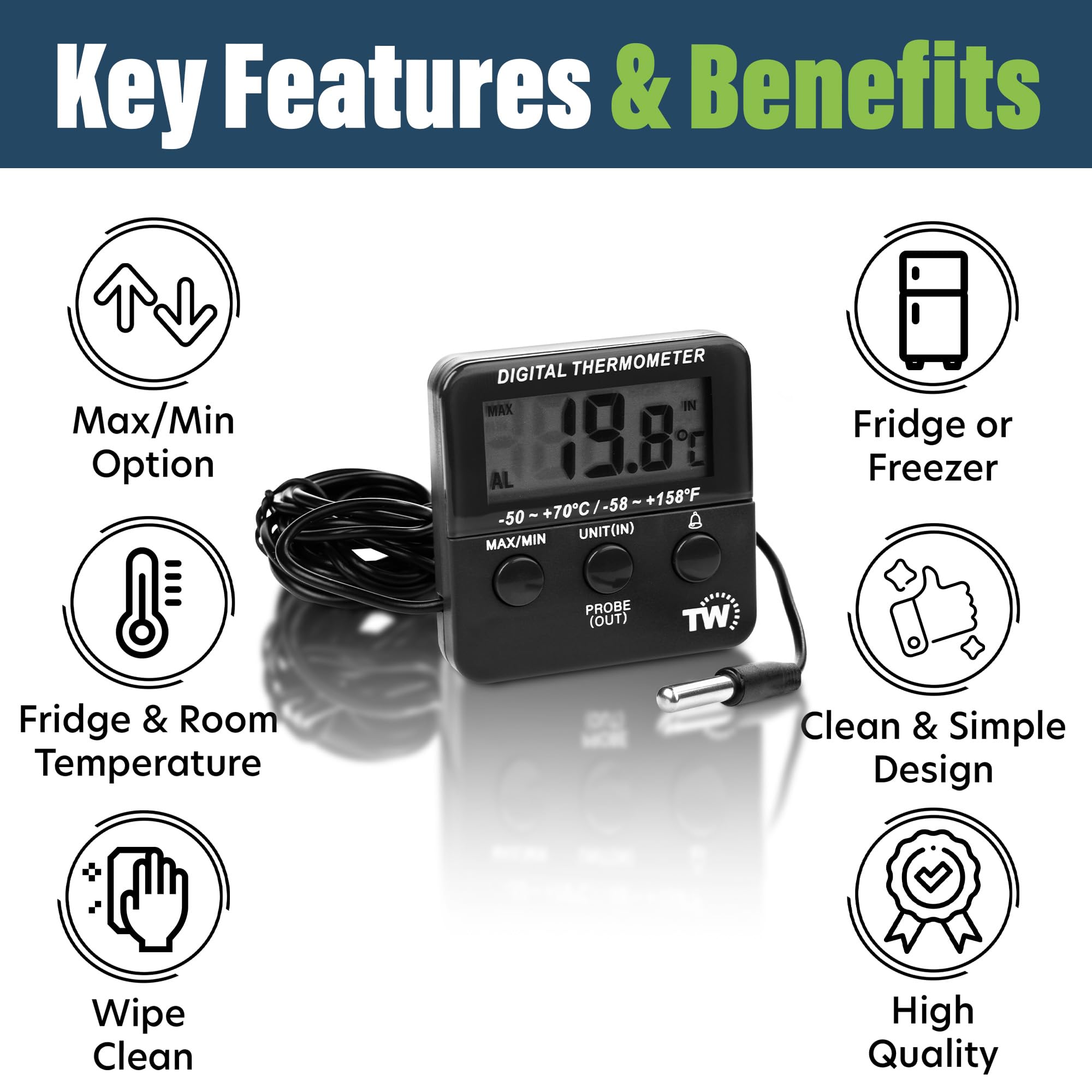 Digital Fridge Freezer Thermometer with Fridge Freezer Temperature Alarm and Max Min Function - Refrigerator Thermometer for Fridge and Freezer Alarm Alert When Temperatures Drop