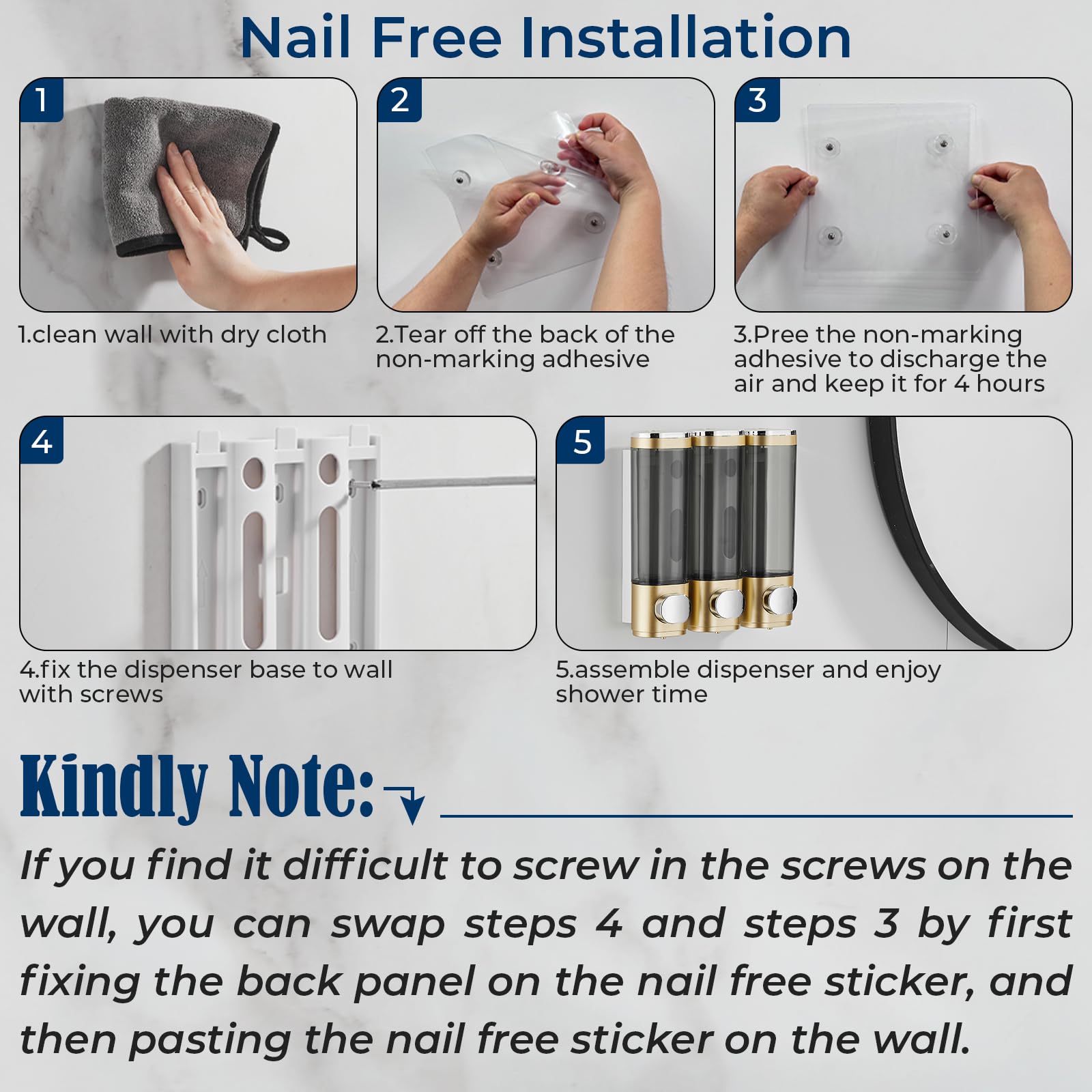 Pollock Shampoo And Conditioner Dispenser, Shower Soap Dispenser 3 Chamber No Drill Shampoo Dispenser For Shower Wall Mounted Sh