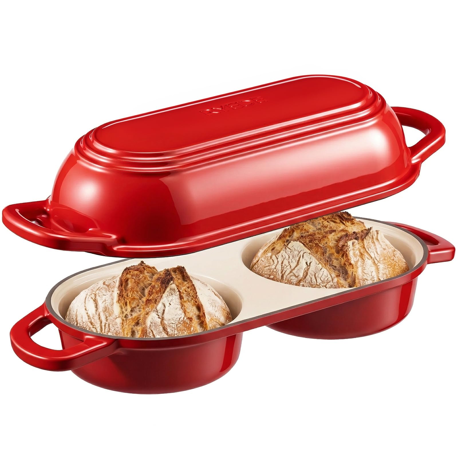 Double Dutch Oven for Bread Baking,Mini Cast Iron Sourdough Loaf Pan(Red)