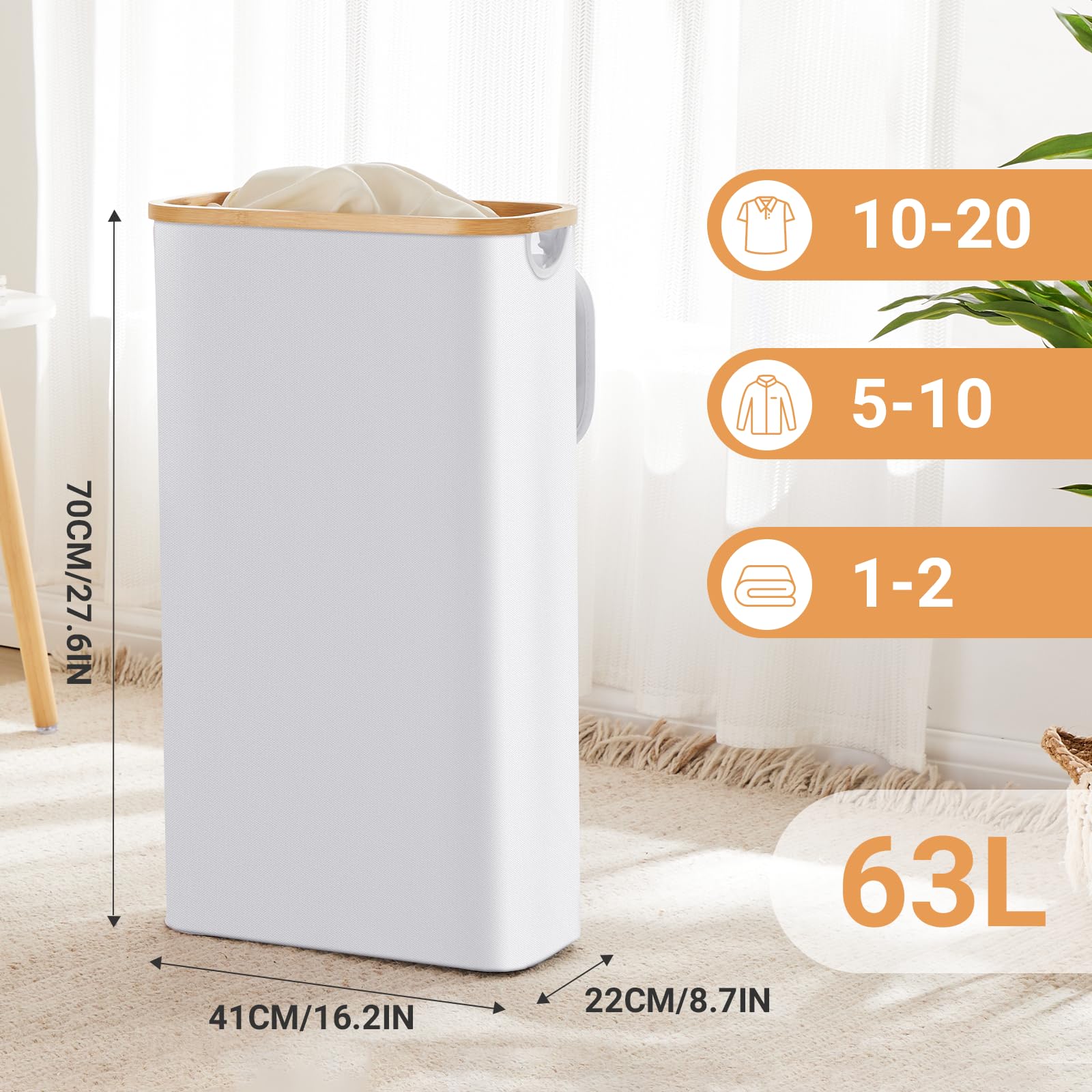Fiona'S Magic Slim Laundry Hamper With Lid, 63L Narrow Laundry Basket With Removable Bag, White Collapsible Dirty Clothes Basket
