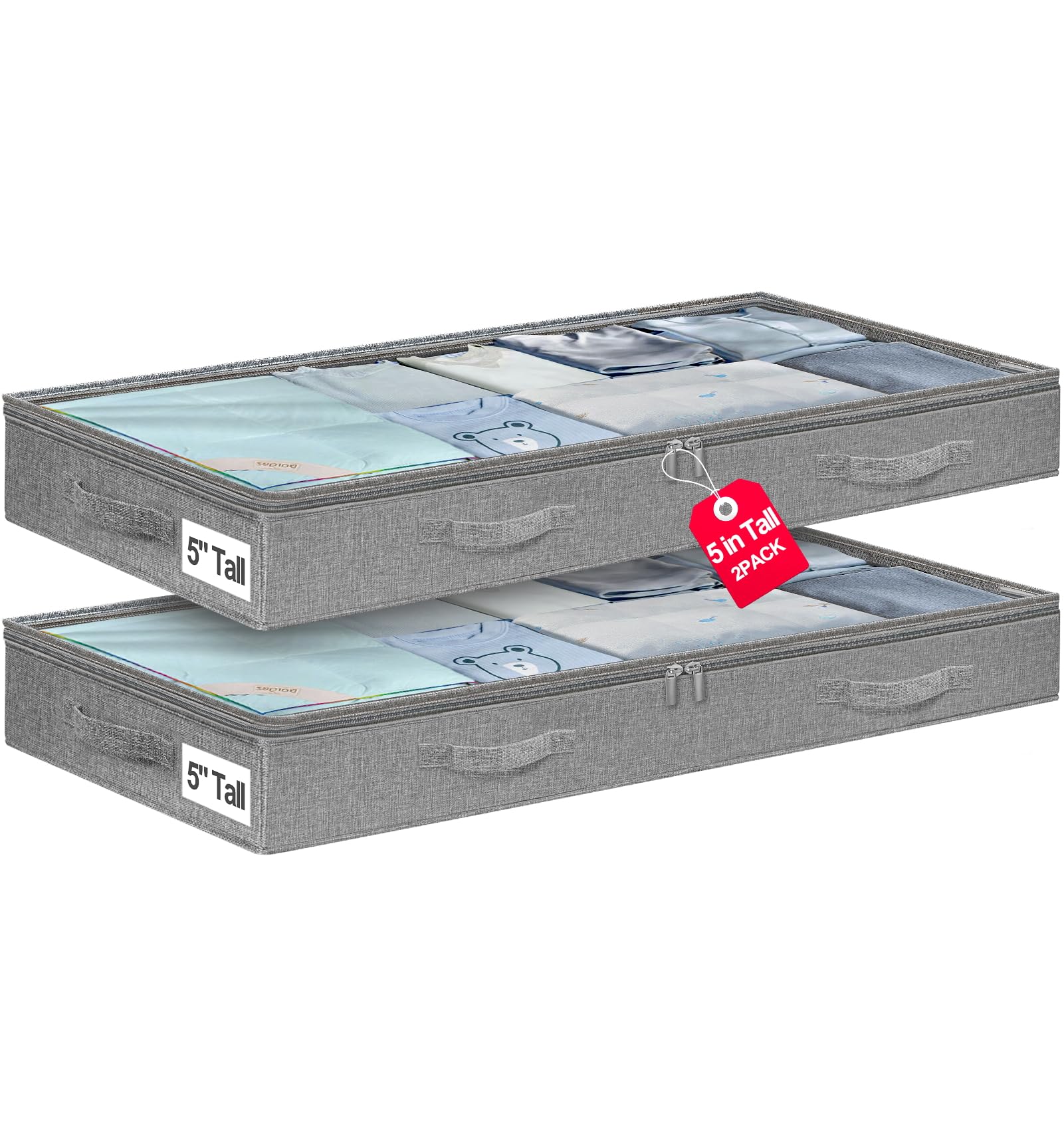 punemi 5 Inches High Low Profile Under Bed Storage Containers,No-Structure,Soft Fabric Zippered Underbed Storage bins for Clothe