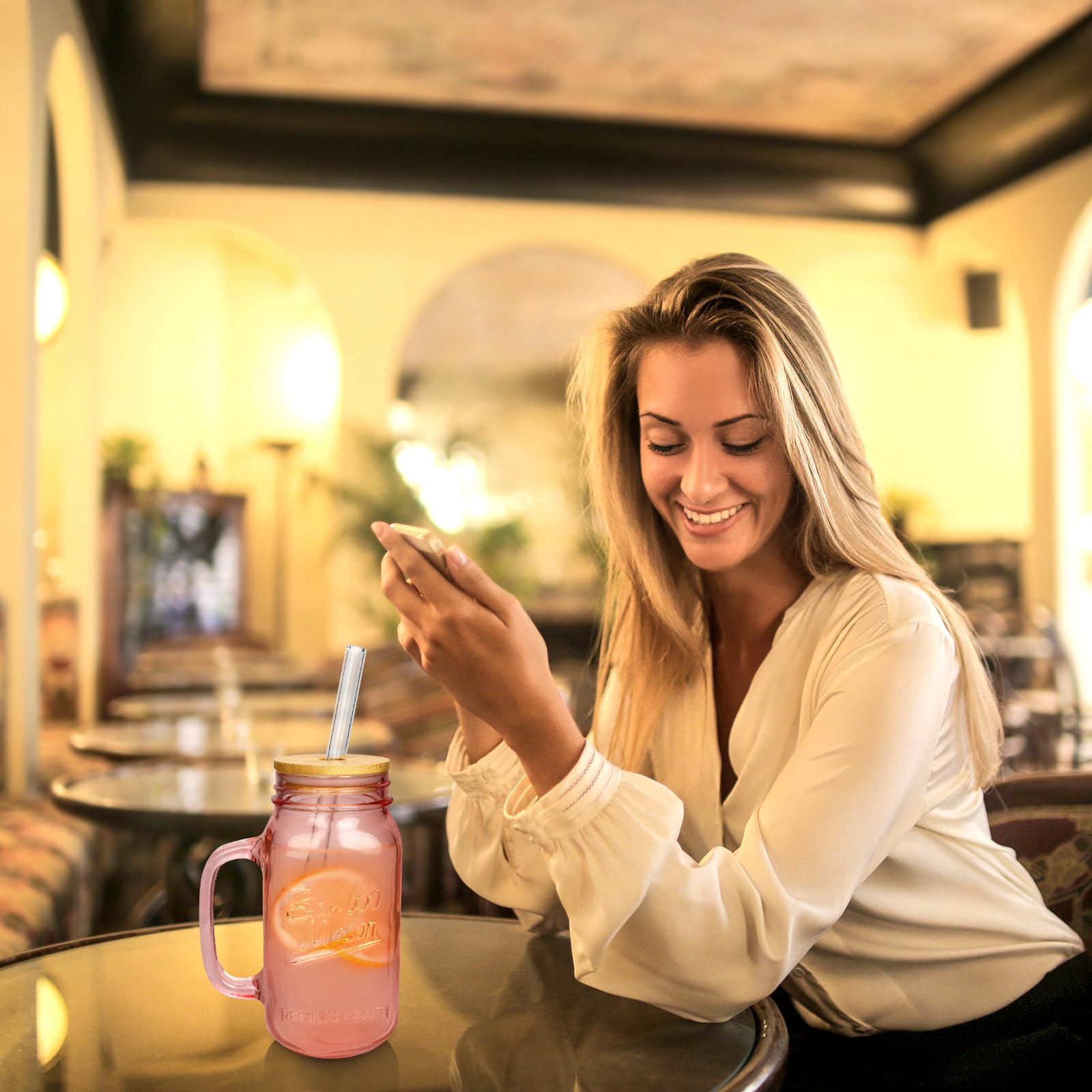 Anoiton Tumbler With Handle And Straw, 24Oz Pink Mason Jars With Handles Drinking Glasses Pink Glassware Colored Glass Cups With