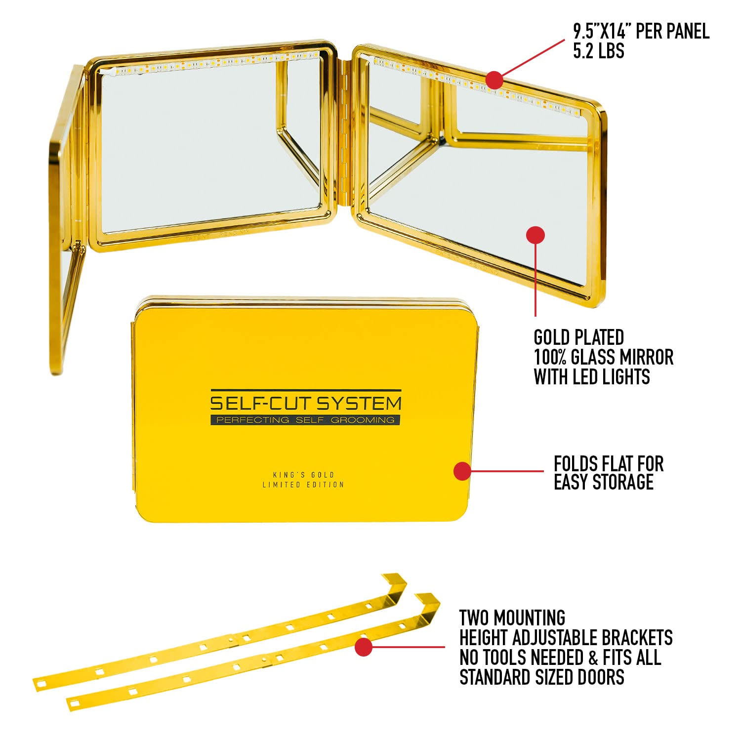 Self-Cut System King'S Gold Plated Mirror, Three Way, 360, Trifold, Self Haircuts, 9.5''X14''