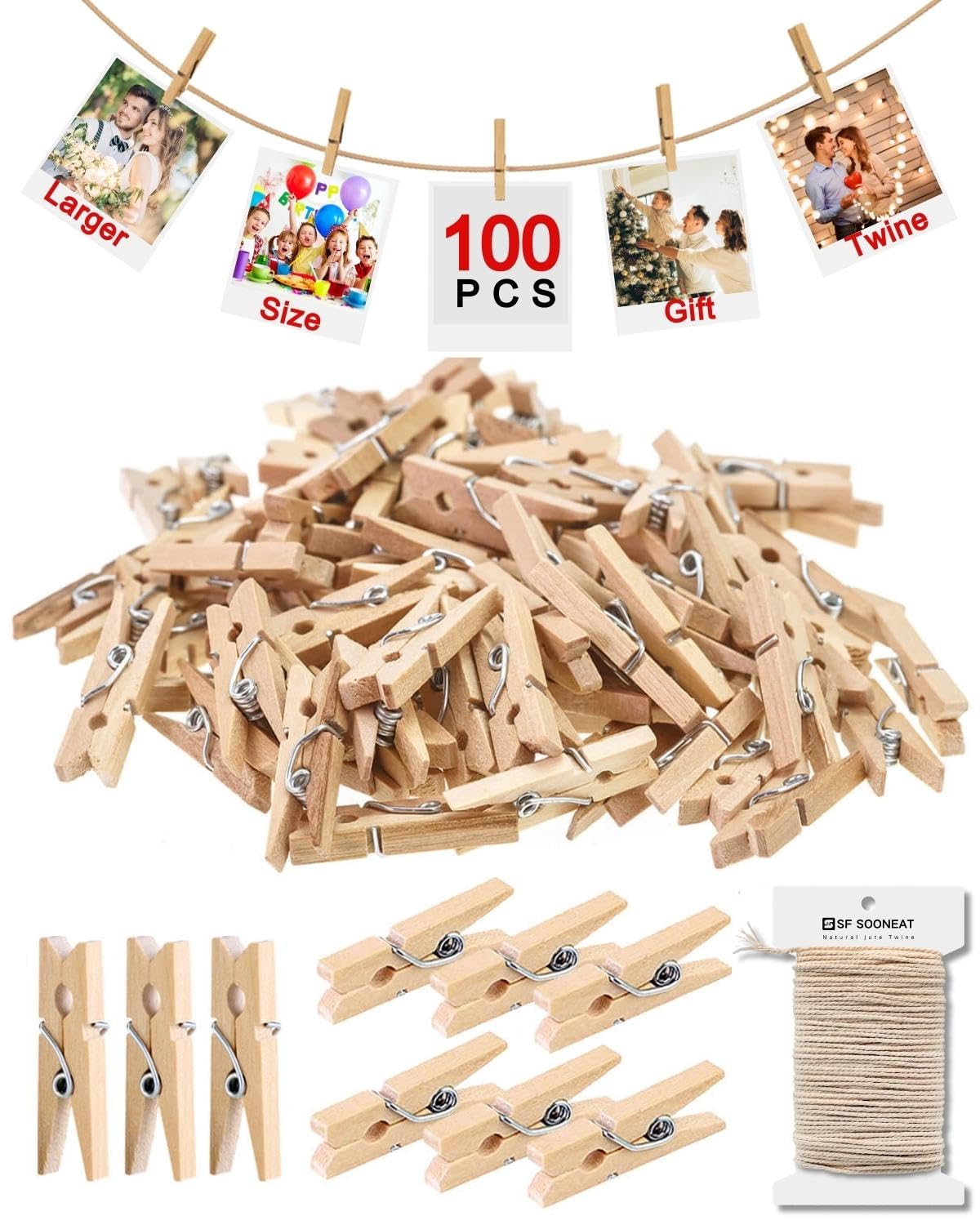 Mini Clothes Pins For Photo, Mini Clothespins, Upgraded 1.18'' Picture String With Clips, Small Wooden Close Pins For Classroom