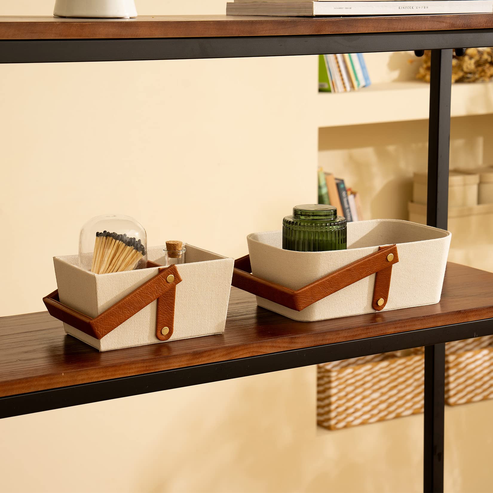 La Jolie Muse Storage Baskets For Organizing Makeup Storage, Bathroom Caddy, Divided Basket Bin With Greige Cloth, Vegan Leather