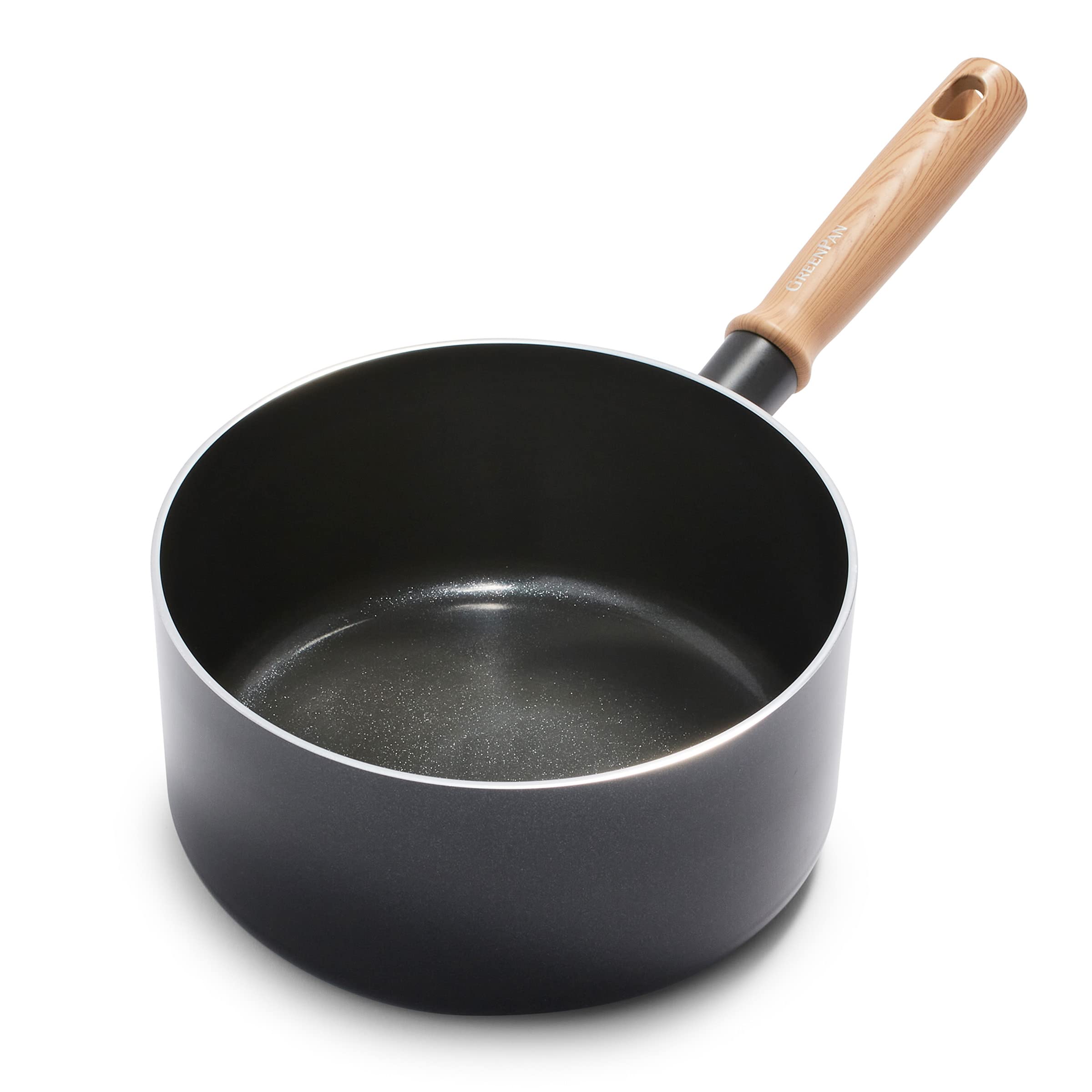 GreenPan Hudson Healthy Ceramic Nonstick, 1.6 QT Saucepan Pot, Vintage Wood Inspired Handle, PFASFree, Dishwasher Safe, Black