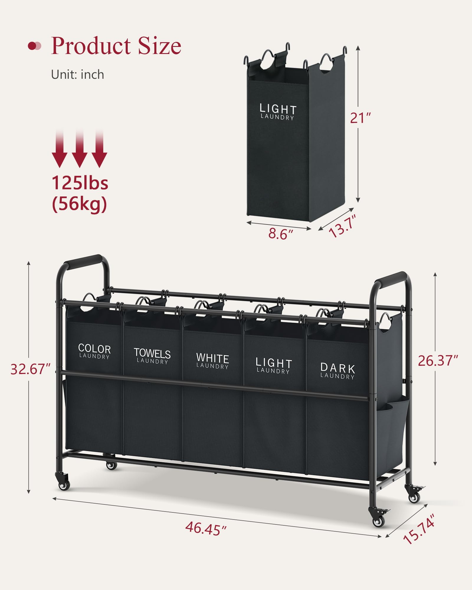 Tajsoon 5 Bag Laundry Sorter Cart, 5 Section Laundry Sorter With Heavy Duty Rolling Lockable Wheels, Laundry Separator Hamper Wi