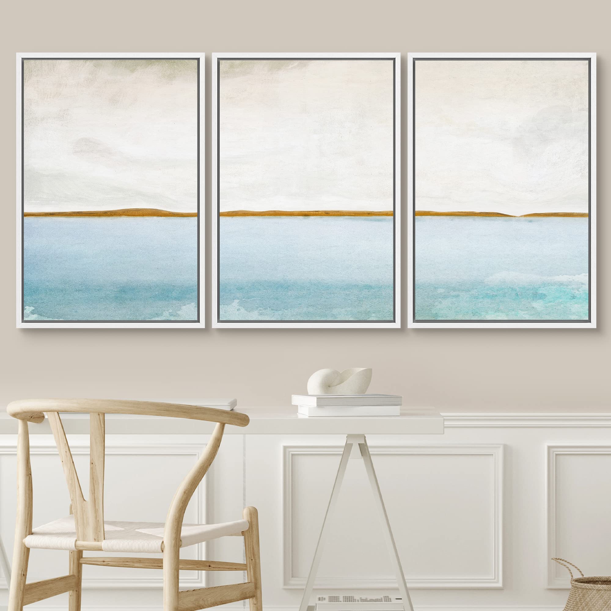 SIGNWIN Framed Canvas Print Wall Art Set Grunge Blue Watercolor Landscape Shapes Abstract Illustrations Modern Art Decorative Nordic Calm Colorful for Living Room  Bedroom  Office - 24''x36''x3 White