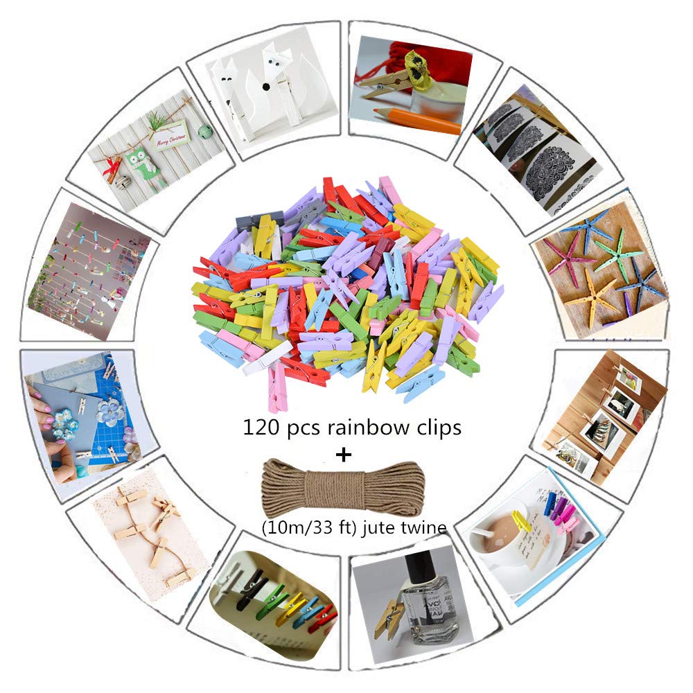 DurReus 50 Piece Small Wood Clips Mini Clothespins with Spring Jute Twine Durable Wall Peg Pin for Craft Art Project DIY Party Decorative Purple