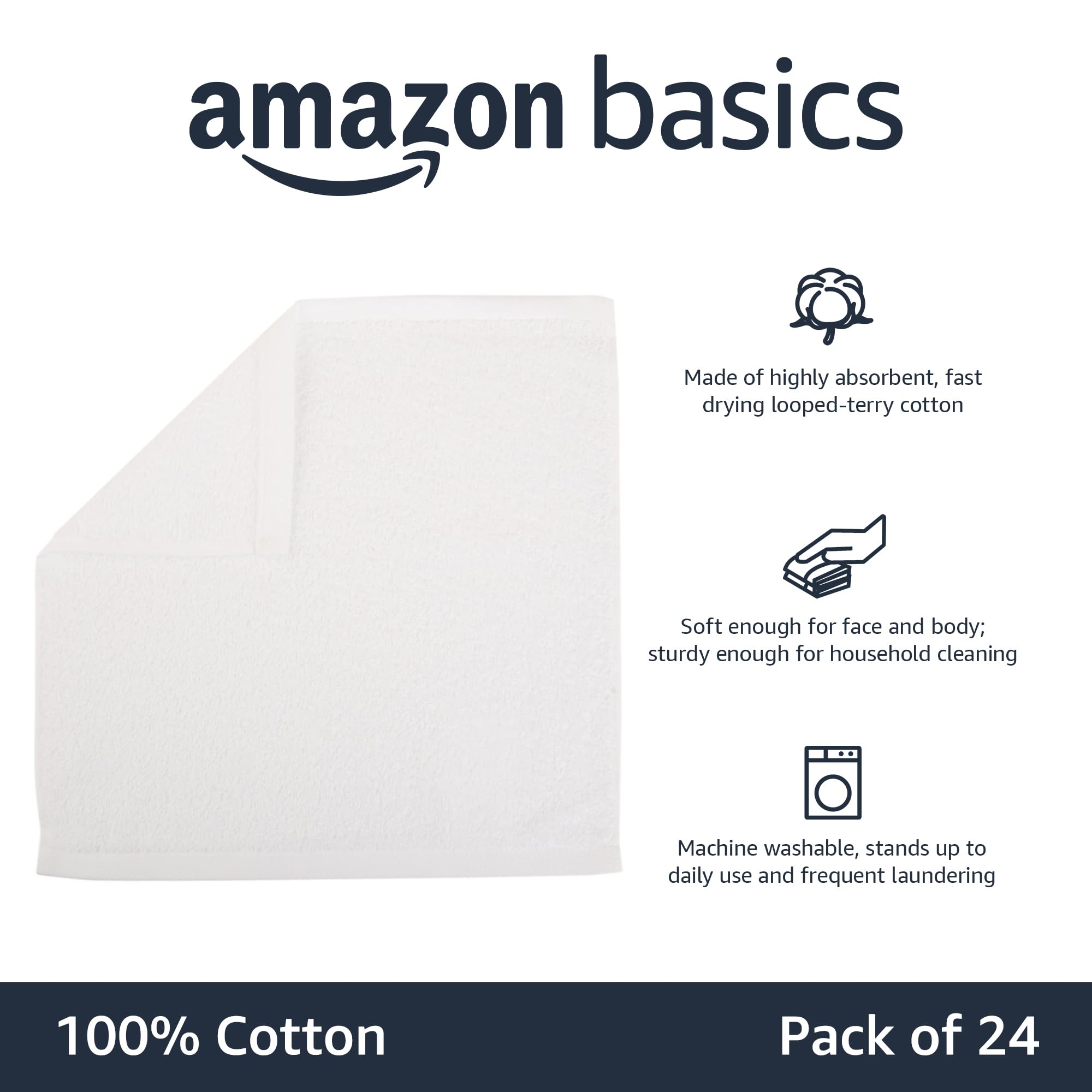 Amazon Basics Washcloth For Bathroom, 100% Cotton Extra Absorbent , Fast Drying - Salon Towels - 24-Pack, White, 12 X 12 Inches