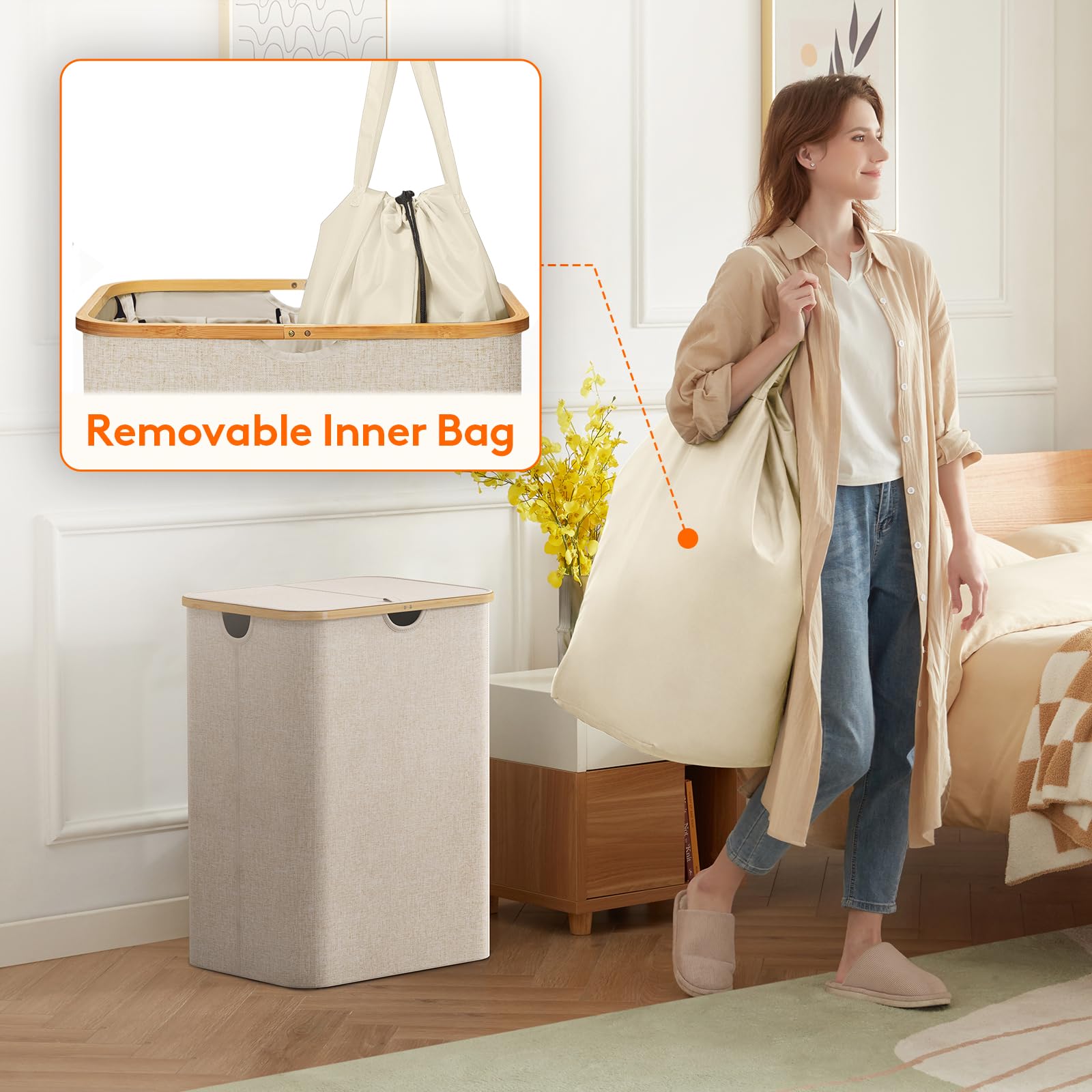 Lifewit 150L Laundry Basket With Lid, Clothes Hampers For Laundry With Bamboo Handles And A Removable Bag, Large Foldable Laundr