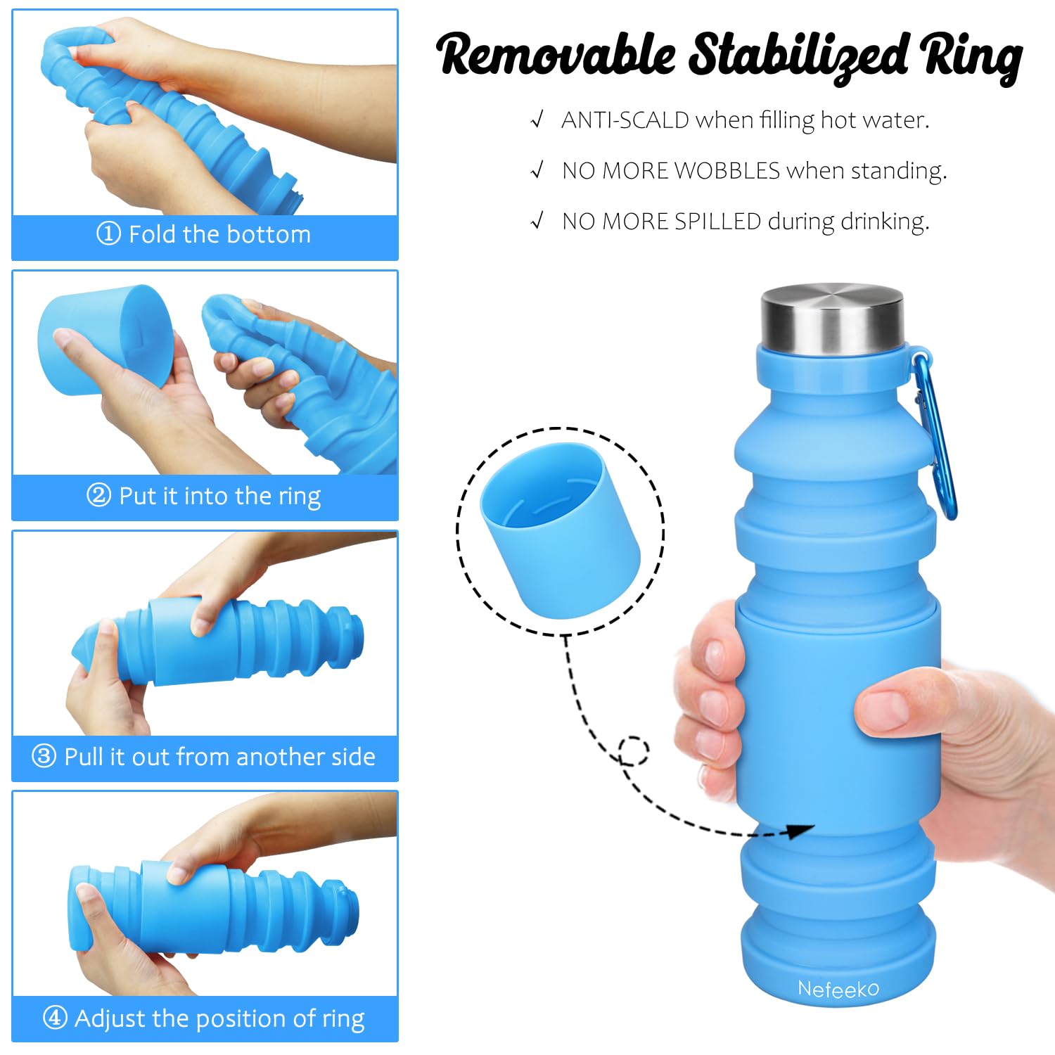 Nefeeko Collapsible Water Bottle, 18Floz Reuseable Bpa Free Silicone Foldable Water Bottles For Travel Gym Camping Hiking, Porta