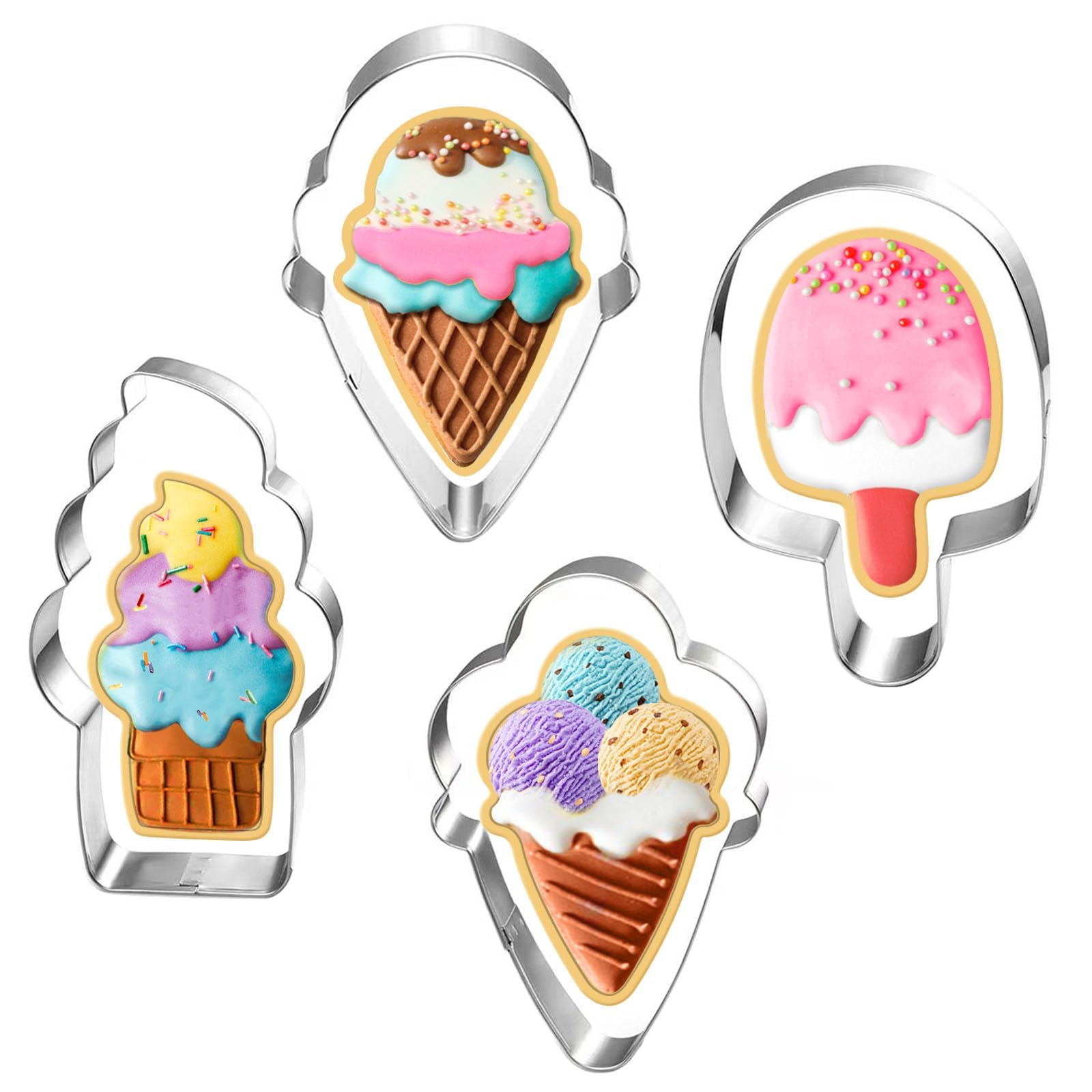 Lubtosmn Ice Cream Cookie Cutter Set-4 Inches-4 Piece-Popsicle, Hard And Soft Ice Cream Cone, Summer Fondant Biscui Cutters