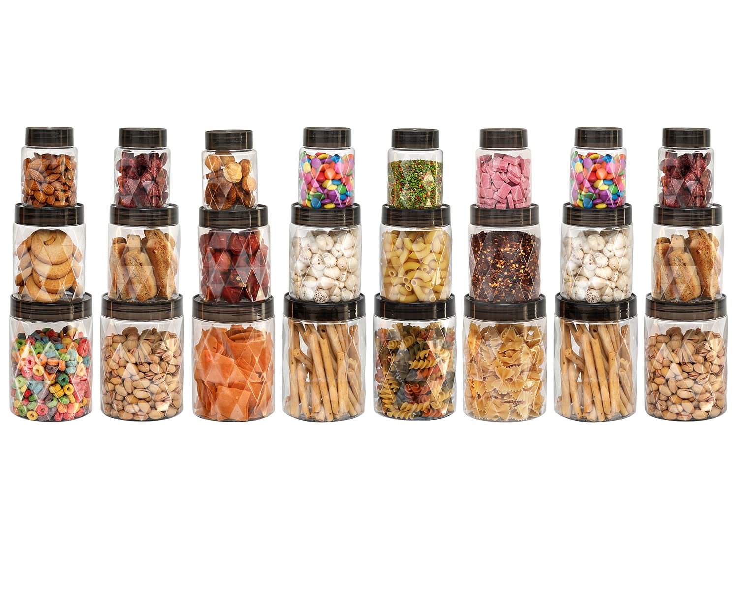 Cello Diamond Plastic Kitchen Storage Containers Set Of 24 With Lids (8 X 300Ml, 8 X 650Ml, 8 X 1200Ml), Clear For Grains, Pulse