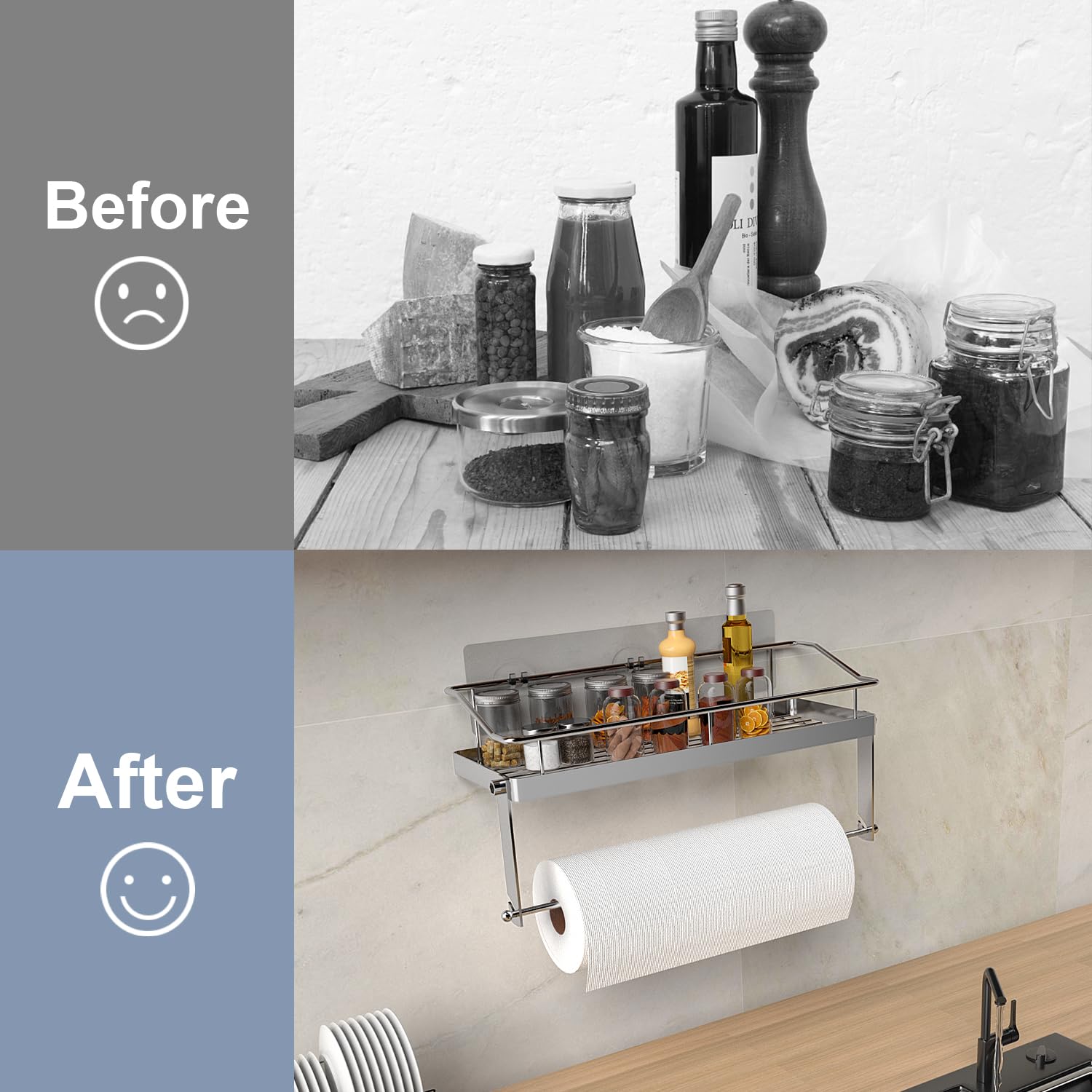 Paper Towel Holder Shelf, 2 In 1 Kitchen Spice Rack With Adhesive Paper Towel Holder For Bathroom, Stainless Steel Paper Towel H