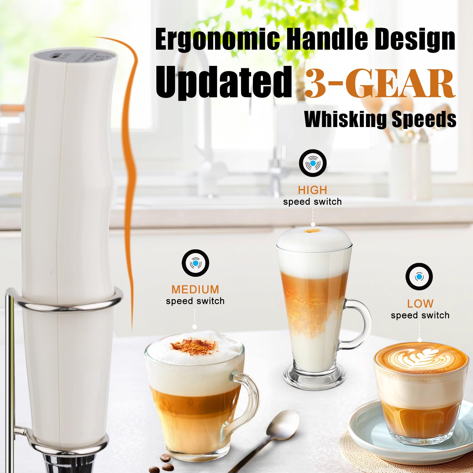 Nahida Beige Milk Frother Wand For Coffee, Frother Handheld With Stand Rechargeable Electric Whisk With 3 Heads 3 Speeds Drink M