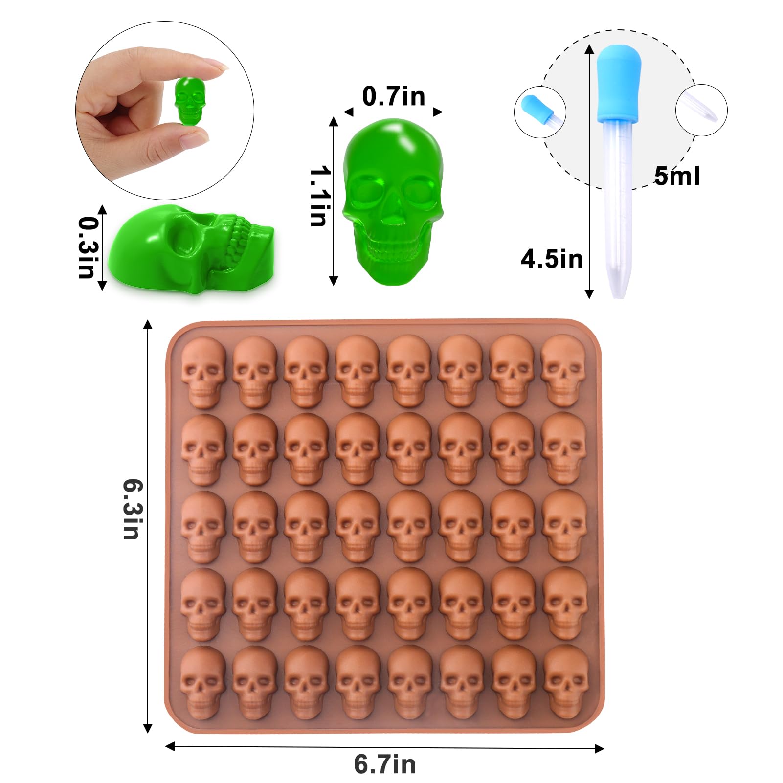 BUSOHA Silicone Gummy Skull Candy Molds, 2 Pack, 40 Cavity, Non-Stick, Coffee Brown, Model DA-391, Includes 1 Dropper