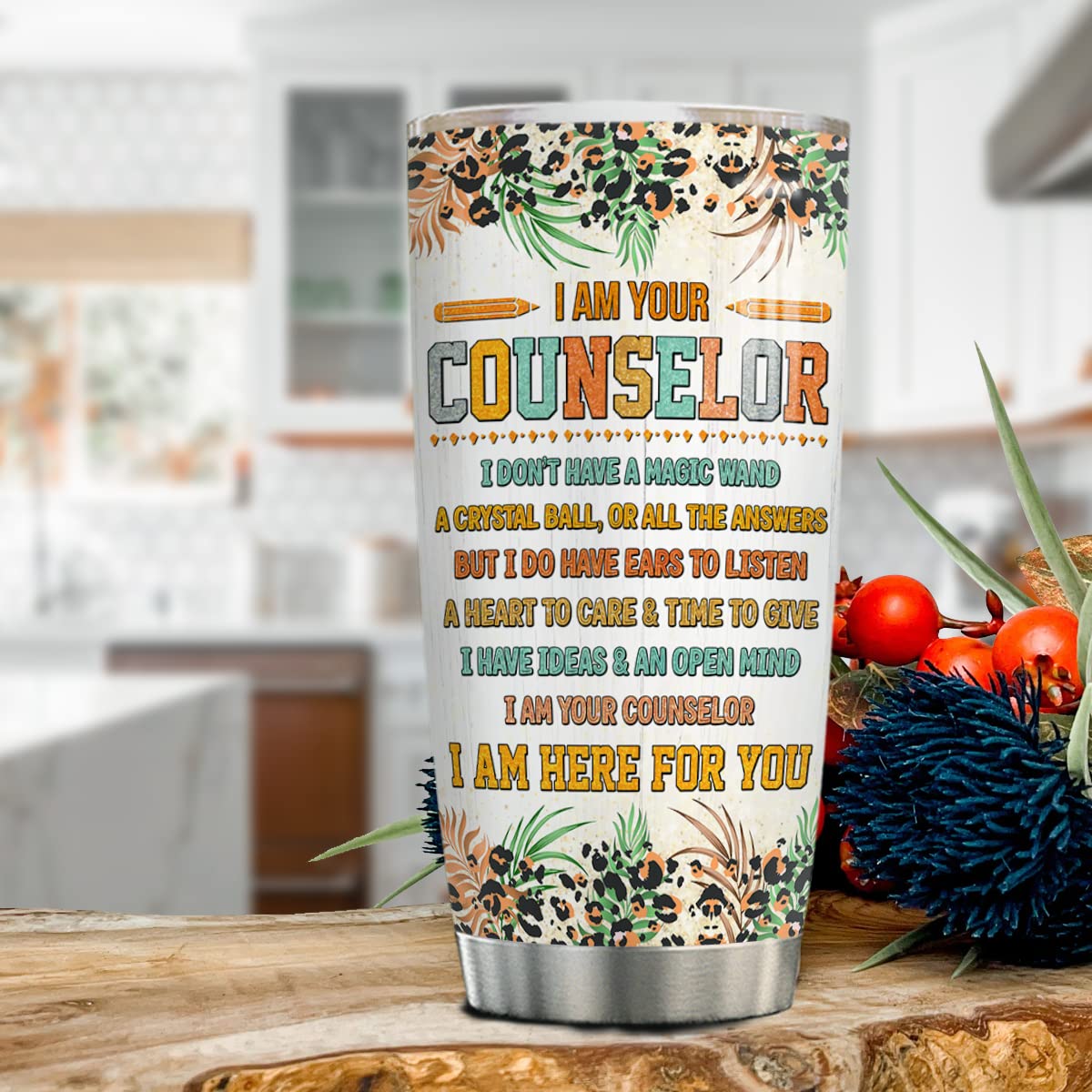 4Lieubasmi School Counselor Gifts 20Oz Tumbler, Counselor Appreciation Week, Modern Multicolor Rainbow Letter Print Stainless St