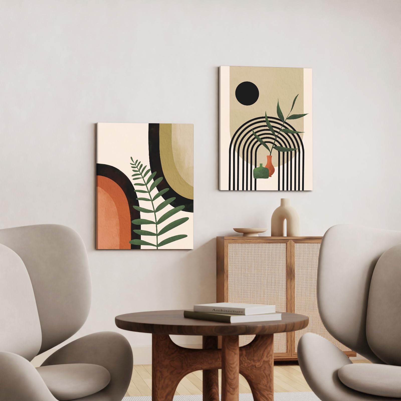 Boho Wall Art Painting Set Of 3, Mid Century Modern Wall Art, Boho Room Decor, Neutral Abstract Geometric Prints Black Beige Bot