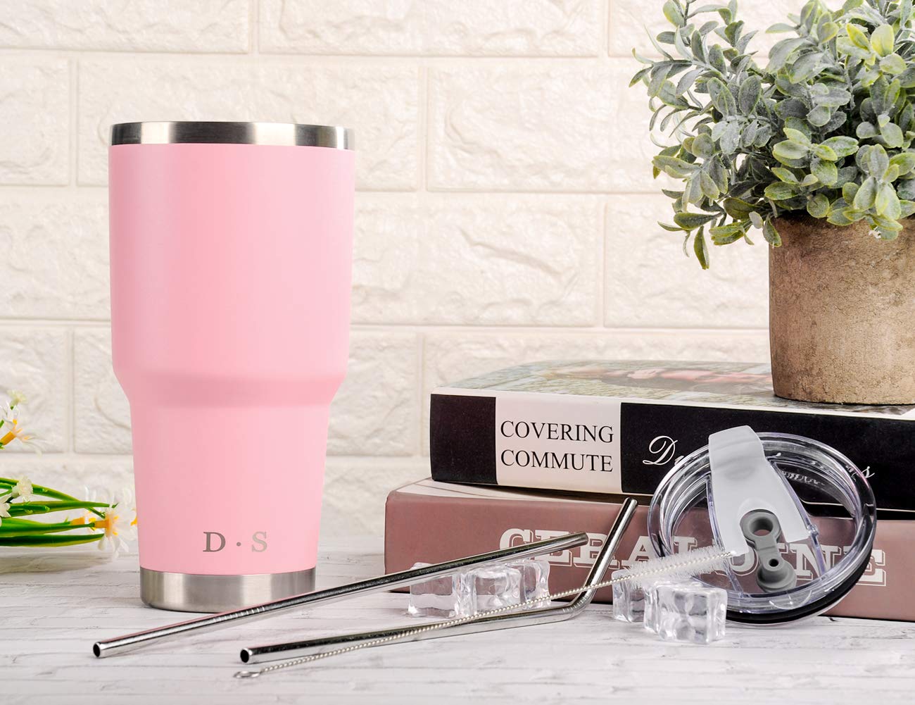 DS 30 oz Pink Tumbler Stainless Steel Double Wall Vacuum Insulated Mug with Straw and Lid, Cleaning Brush for Cold and Hot Bever