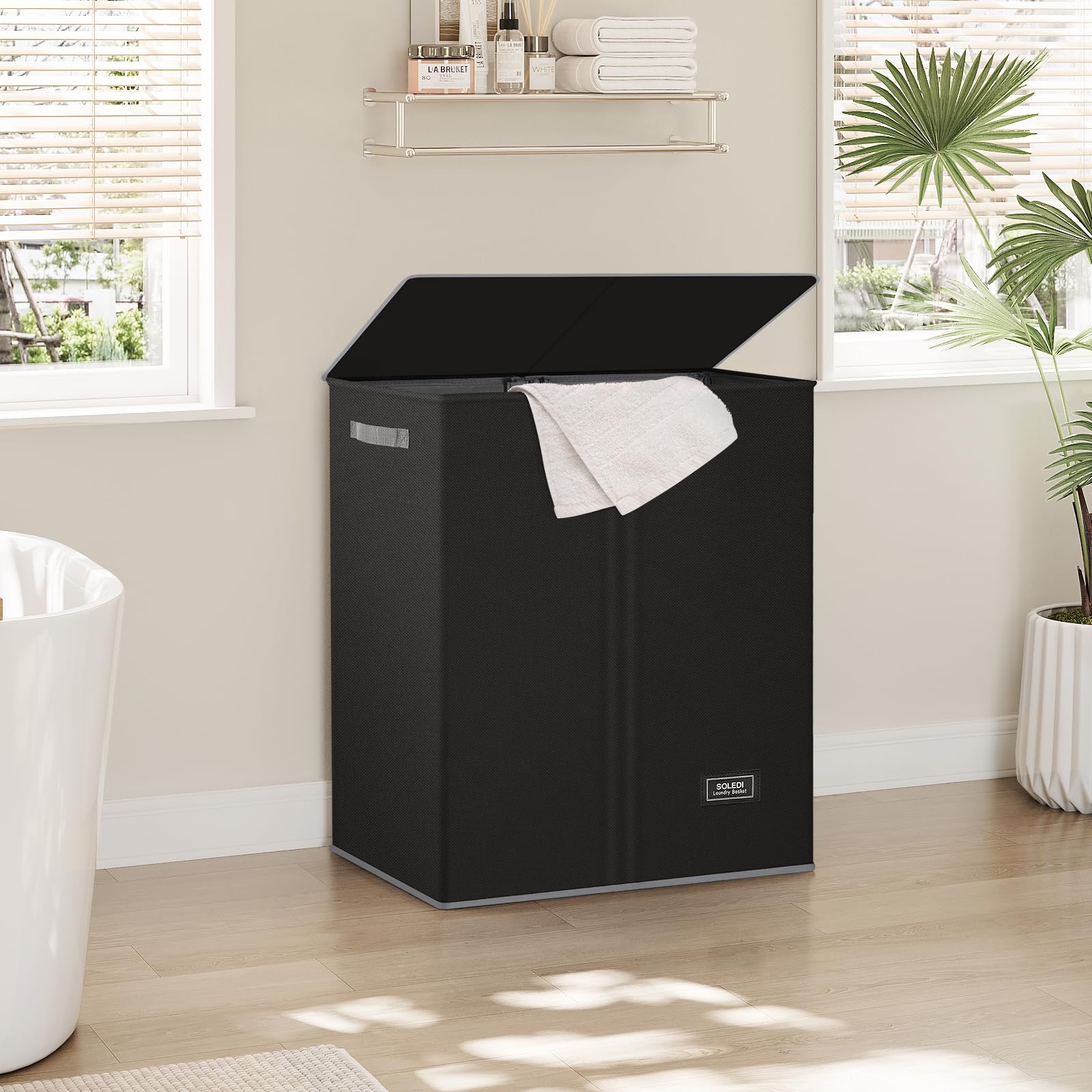 SOLEDI Double Laundry Hamper with Lid and Removable Laundry Bags - Large Dirty Clothes Hamper 2 Section - Collapsible Laundry Baskets for Bedroom  Bathroom  Laundry room  Apartment  Black