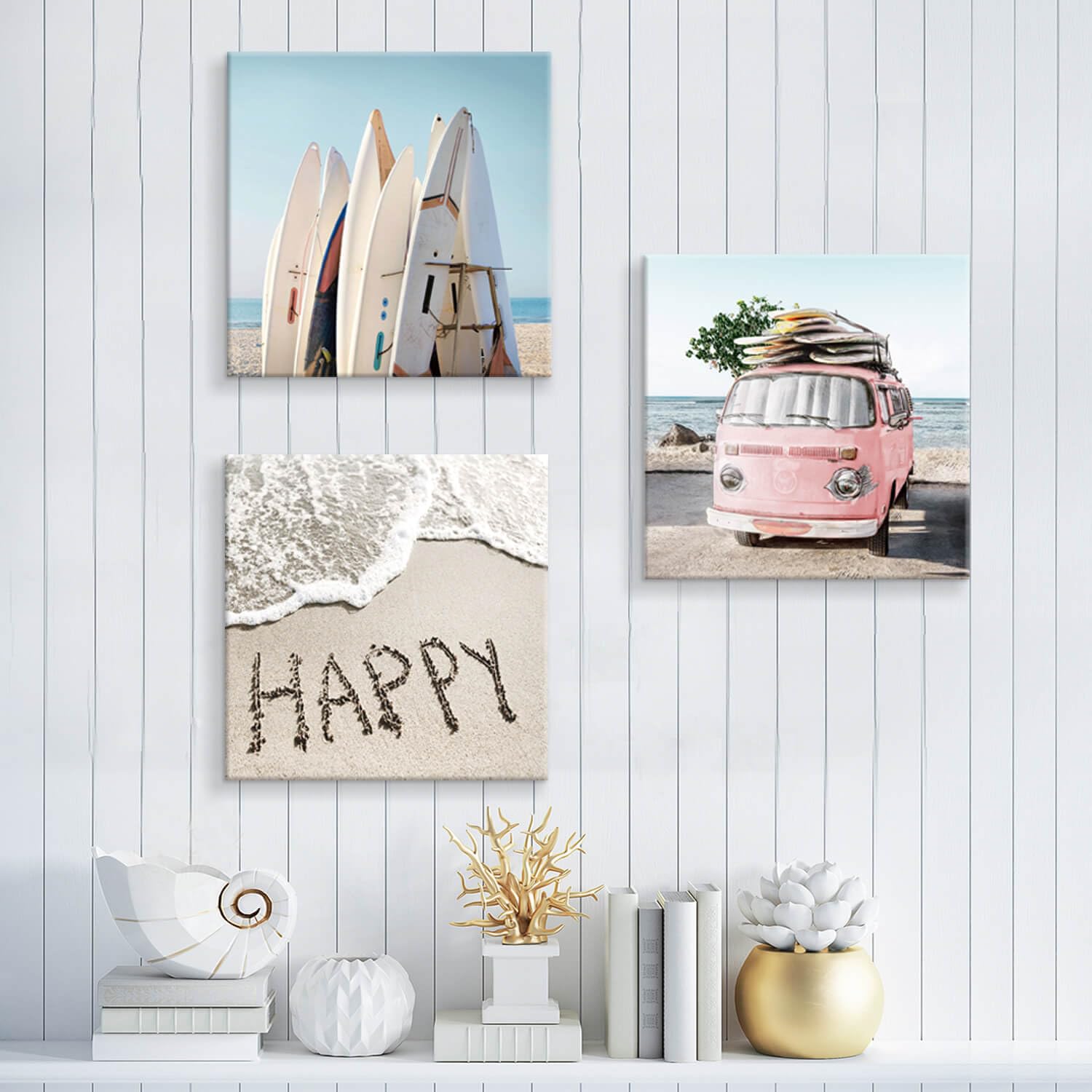 Utop-Art Beach Wall Decor Costal Canvas Wall Art Pictures Surfboards & Pink Car On Sand Artwork Canvas Painting For Living Room