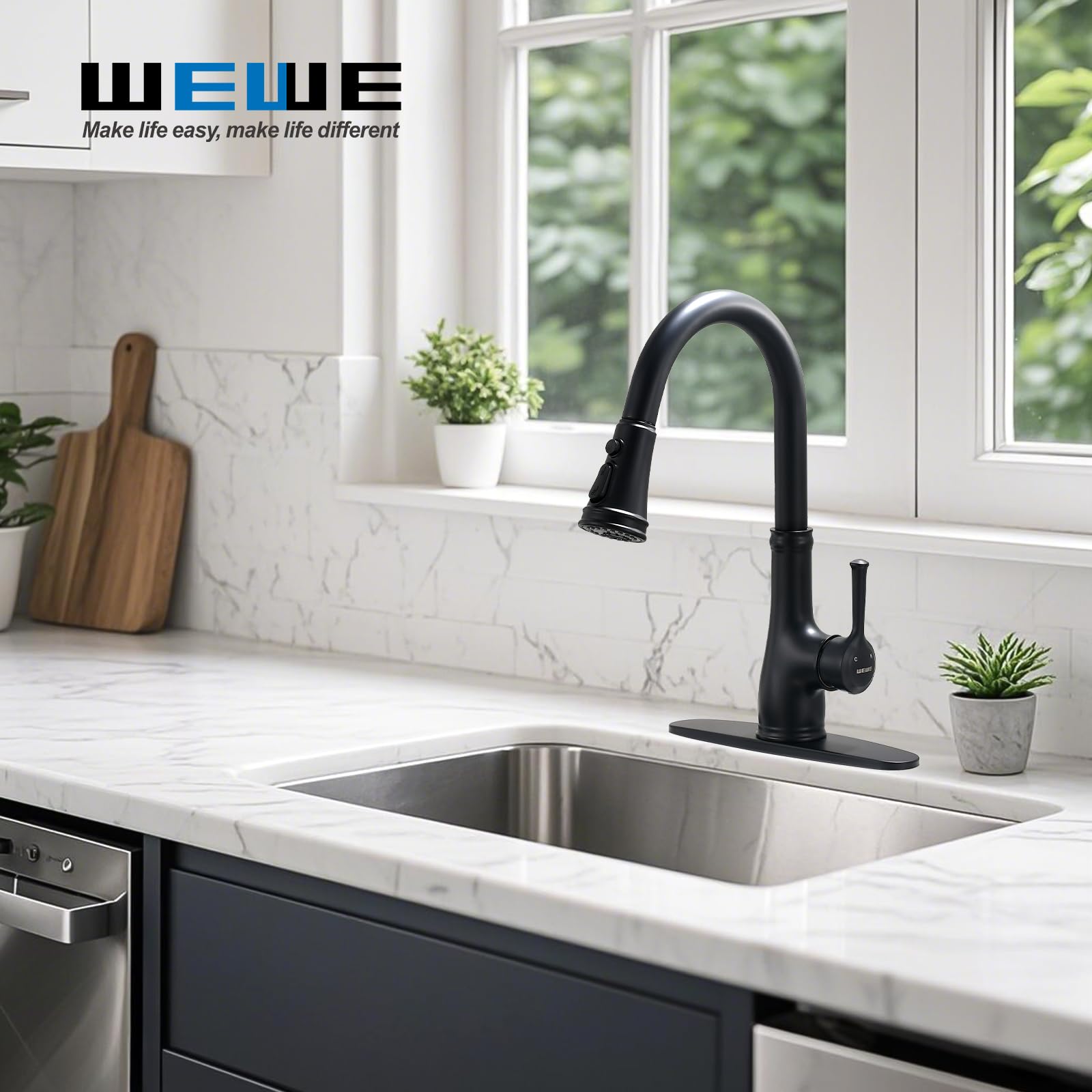 Black Kitchen Sink Faucet  Single Handle Pull Down Matte Black Kitchen Faucet with Sprayer  WEWE