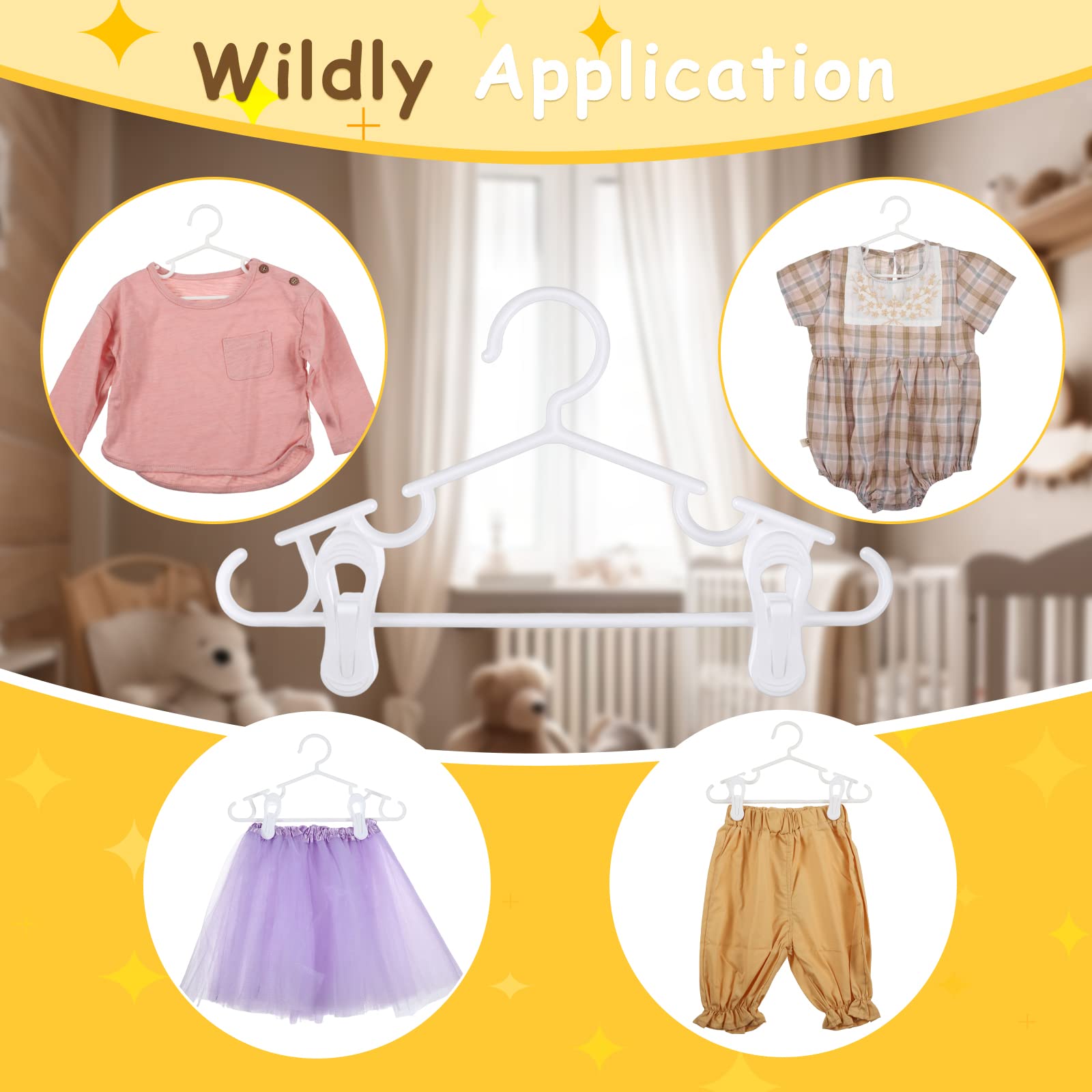 Hsei 120 Packs Baby Hangers With Clips Toddler Hangers Kids Hangers With Clips For Pants Closet Coat Skirts Socks (White)