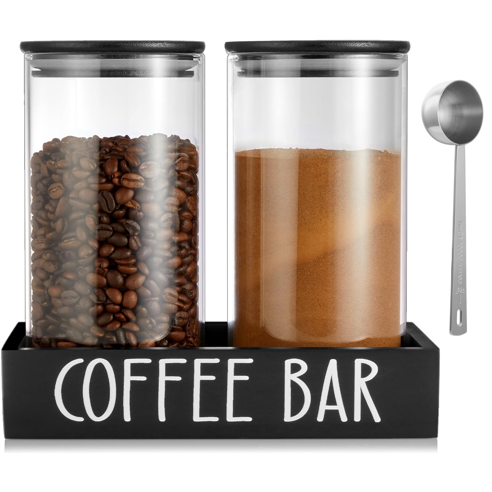 Glass Coffee Canister for Ground Coffee  2Pcs 45oz Coffee and Sugar Container Set with Airtight Bamboo Lids and Black Tray  Fa