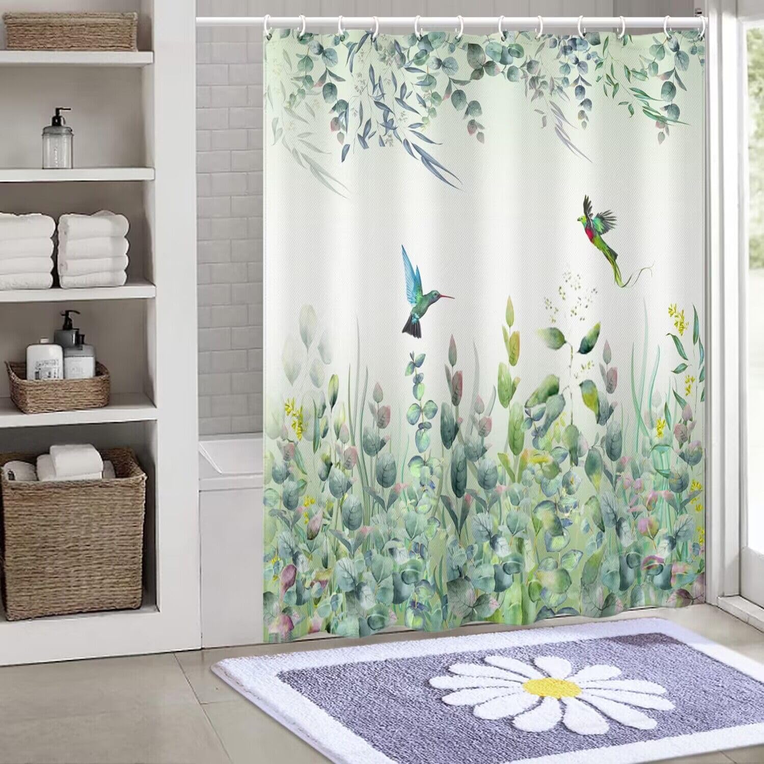 Niidder Green Leaf Shower Curtain, Kingfisher Shower Curtain -72 ''W X 78'' L With 12 Hooks, Weighted Hem Shower Curtain, Waterp