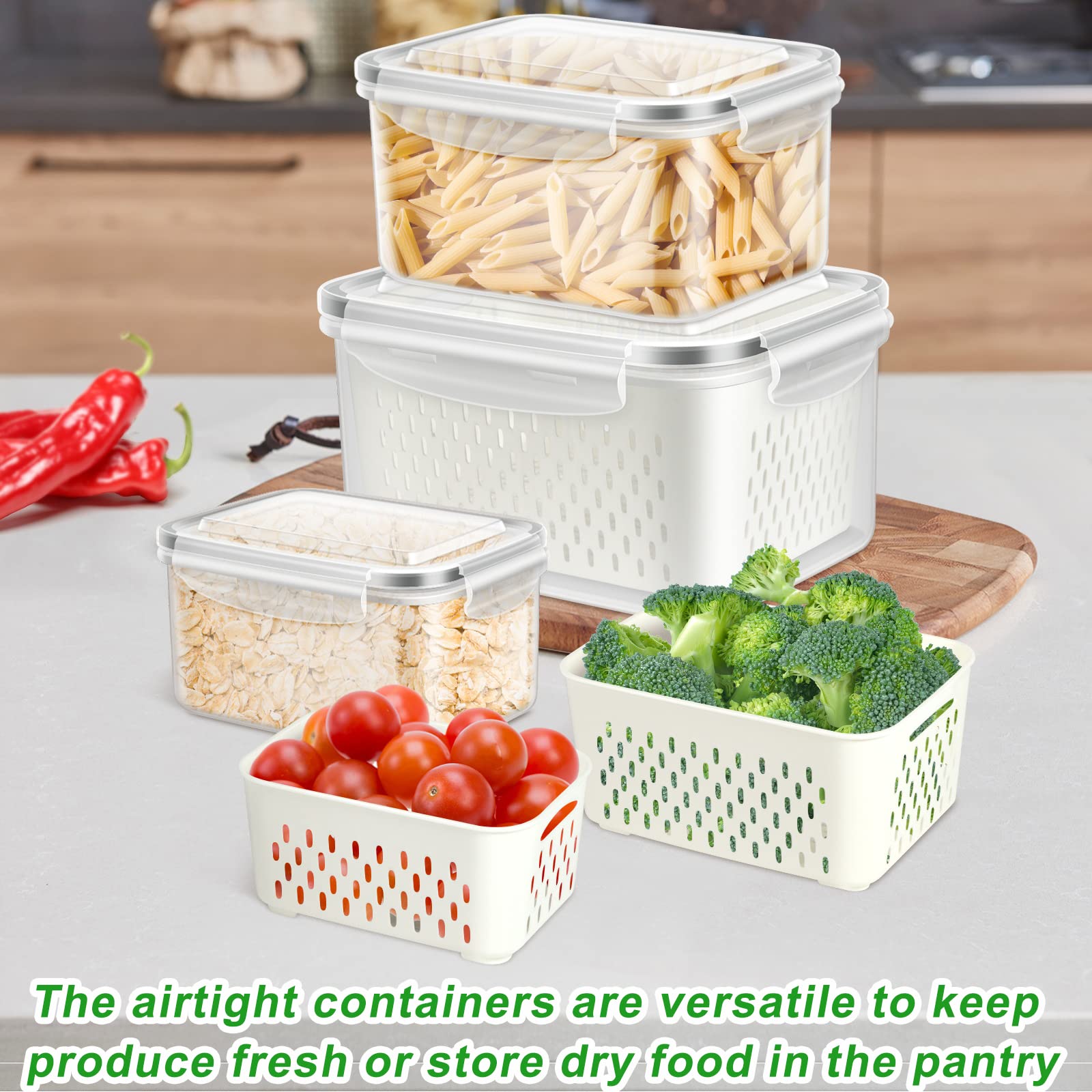 Tbmaxs 3 Pack Fruit Storage Containers For Fridge, Produce Saver Vegetable Container With Drain Colanders - Refrigerator Organiz