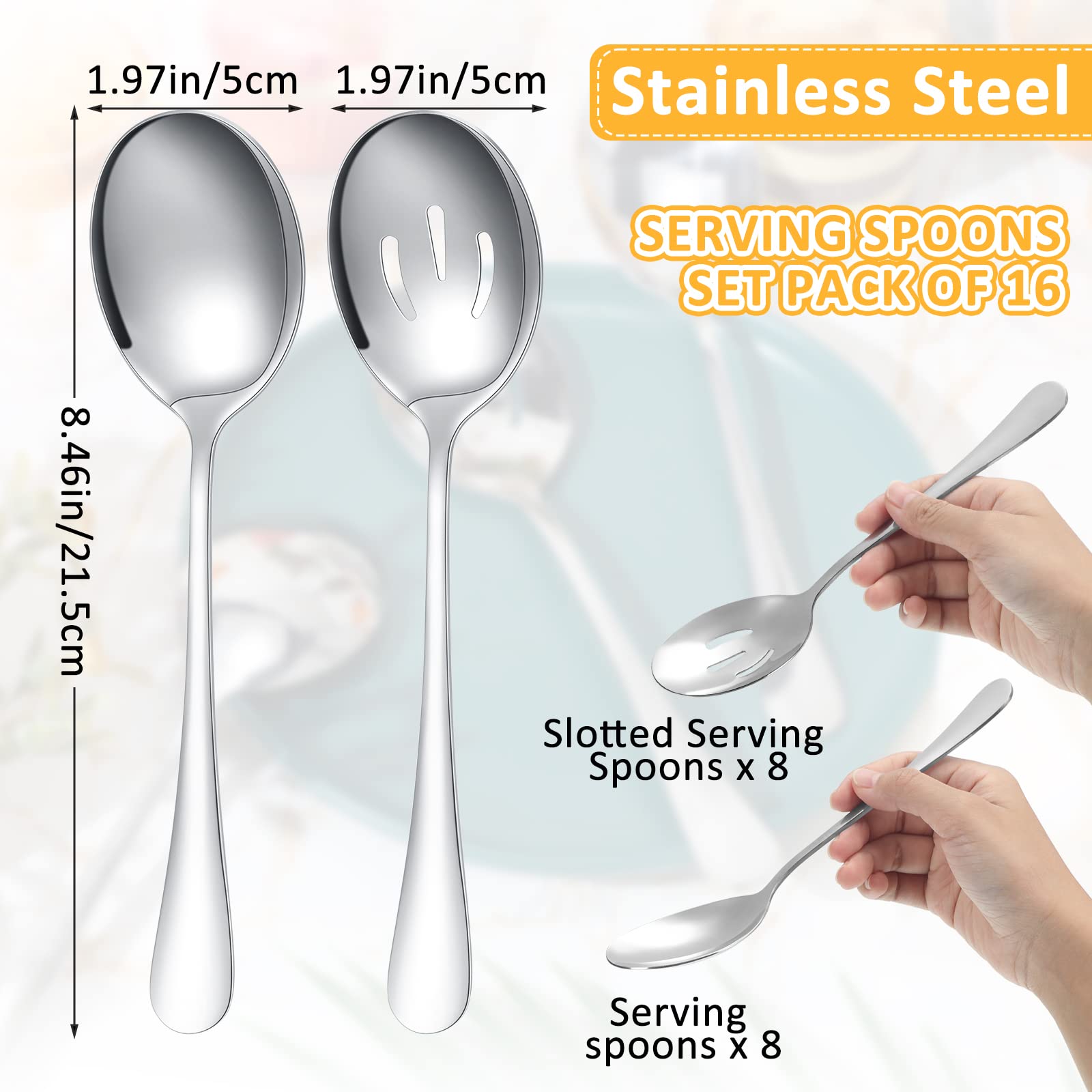 16 Pieces Serving Spoons Set 8.5 Inch Serving Spoon Includes 8 Serving Spoons And 8 Slotted Spoons Stainless Steel Buffet Banque