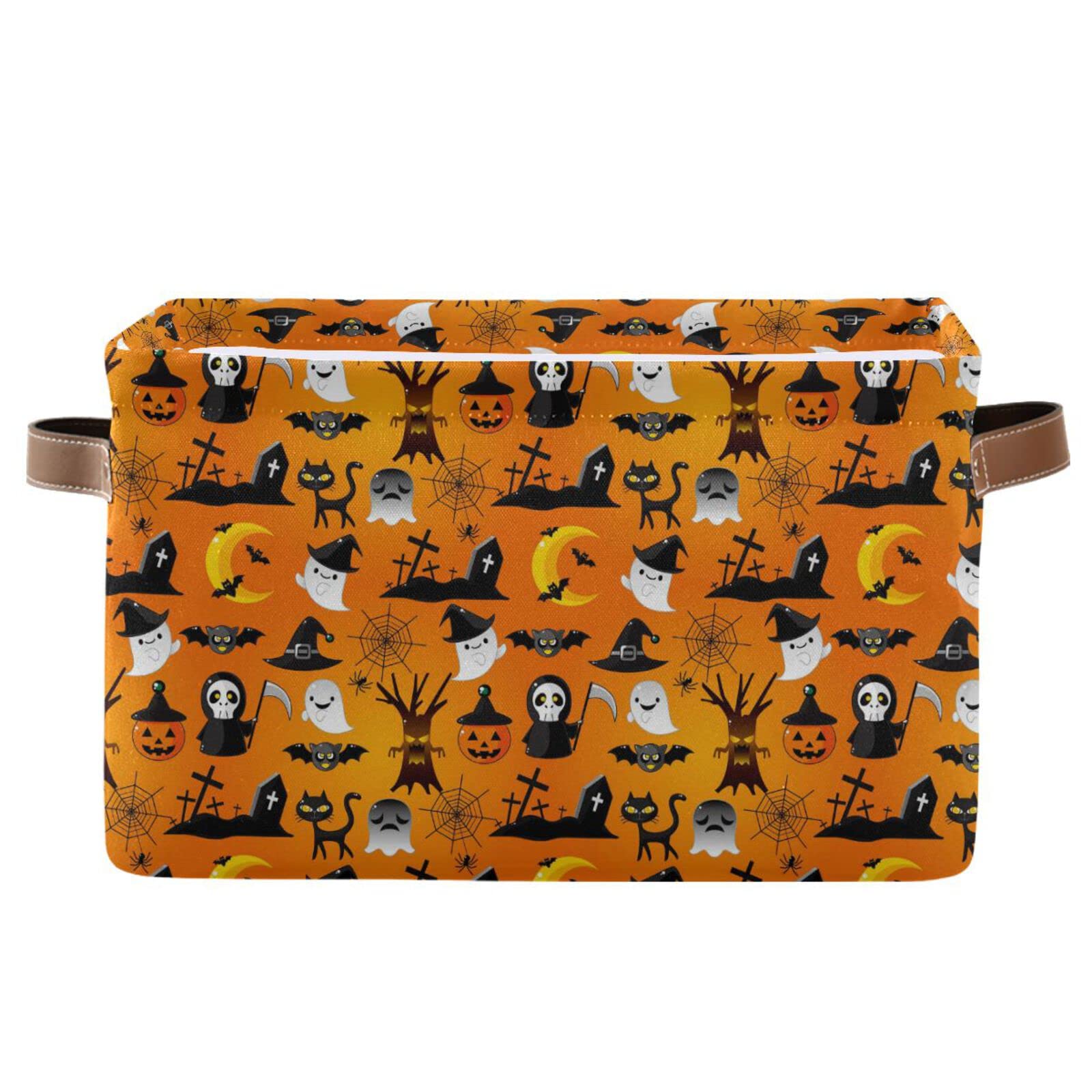 Alaza Cartoon Halloween Skull Cat Yellow Foldable Storage Box Storage Basket Organizer Bins With Handles For Shelf Closet Living