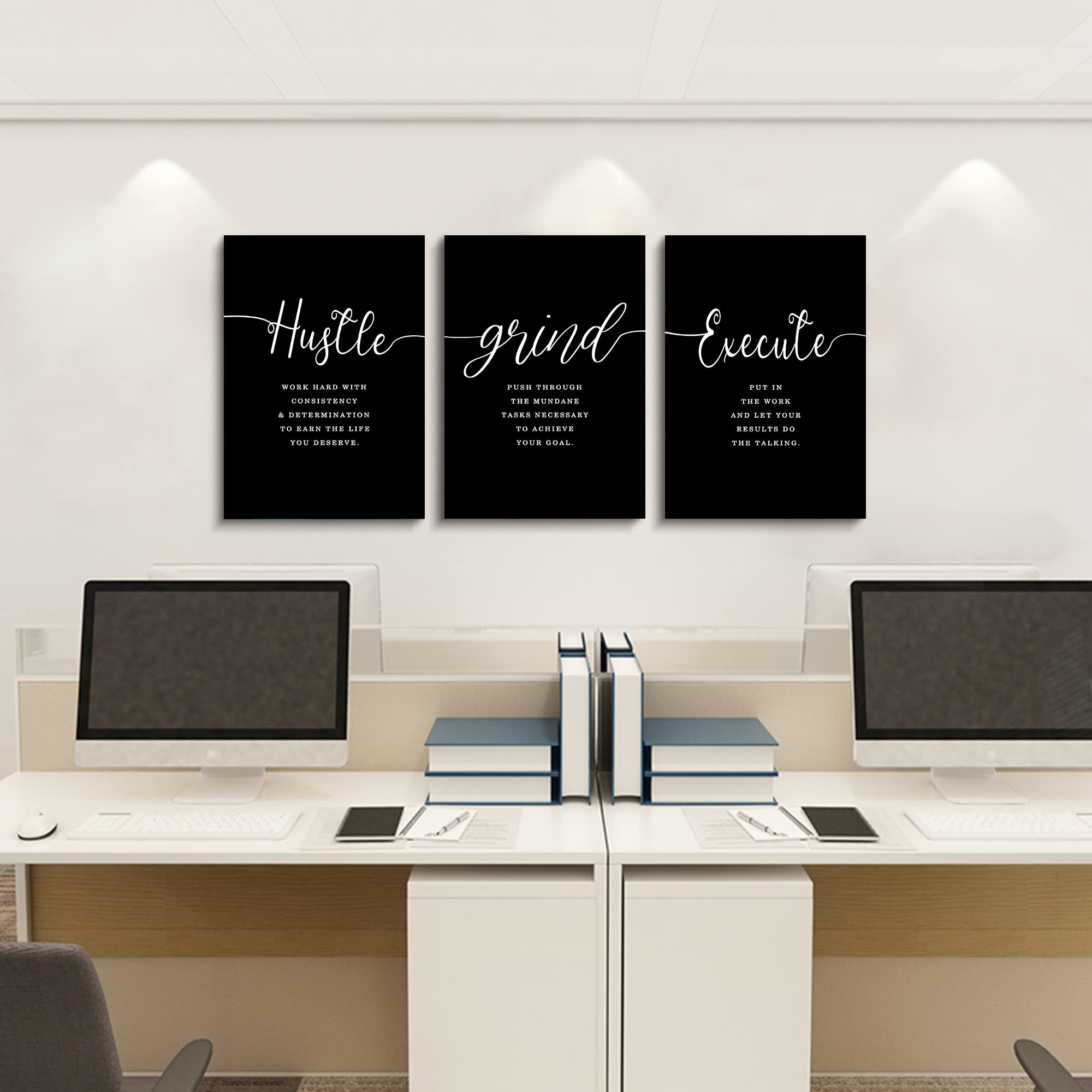 Office Decor - Hustle Quotes Execute Prints  Framed Canvas Wall Art Grind Quote  Office Wall Art  Black Large Poster  Positive MotivationalPrints  Inspirational Print (F-3pcs 12x16inchx3pcs)