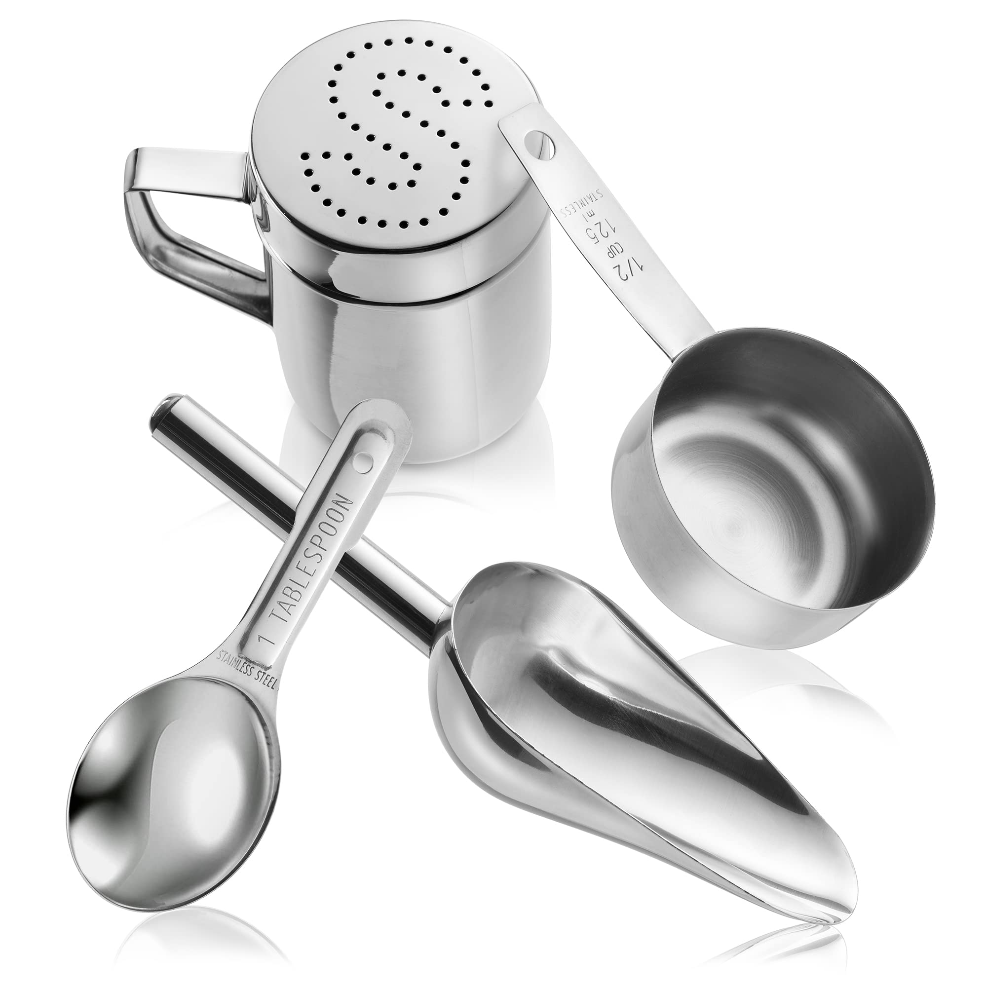 Olde Midway Stainless Steel Popcorn Machine Accessories - 4 Piece Set With Measuring Spoons, Scoop, And Salt Shaker