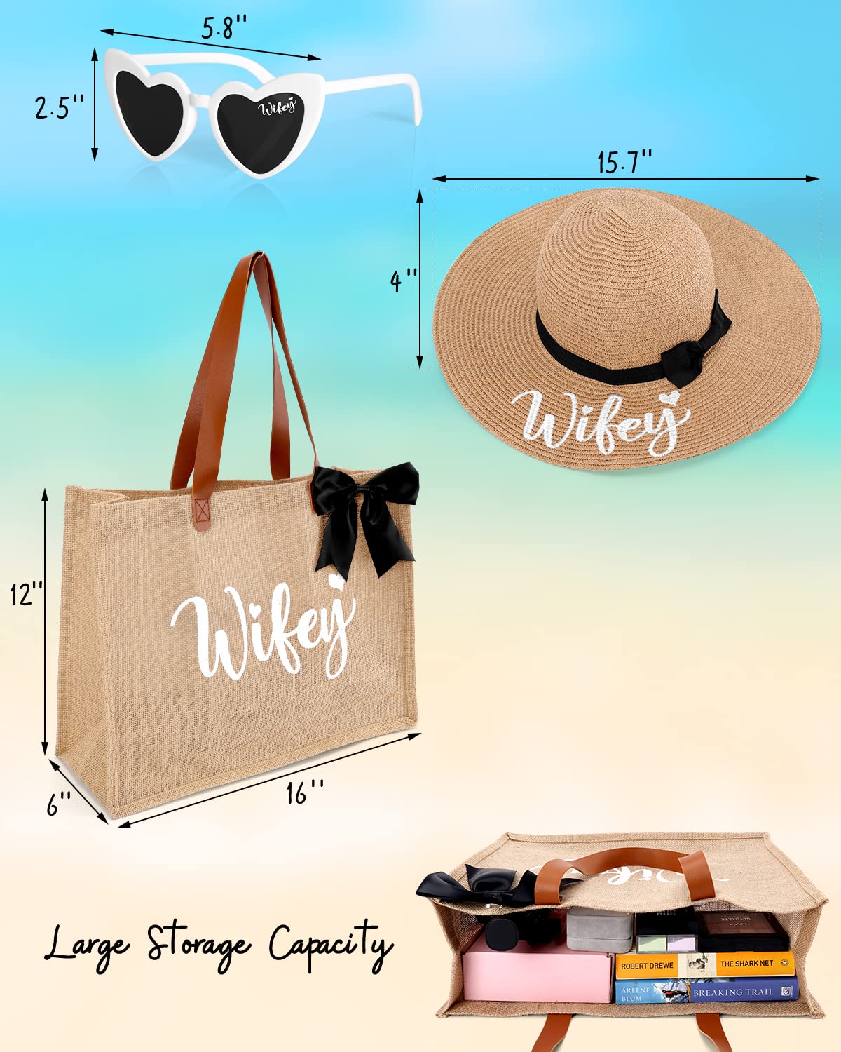 Percozzi Wifey Tote Bag Sun Hat Glasses Set Bride-To-Be Bridal Shower Gift Basket For Future Mrs. Honeymoon Jute Tote Bag Kit Su