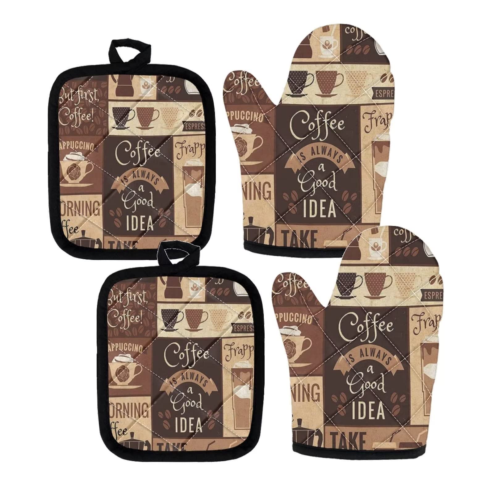 Uniceu Coffee Is Always A Good Idea Oven Mitts Non Slip Heat Resistant Kitchen Gloves And Pot Holders 4 Pcs For Baking Cooking G