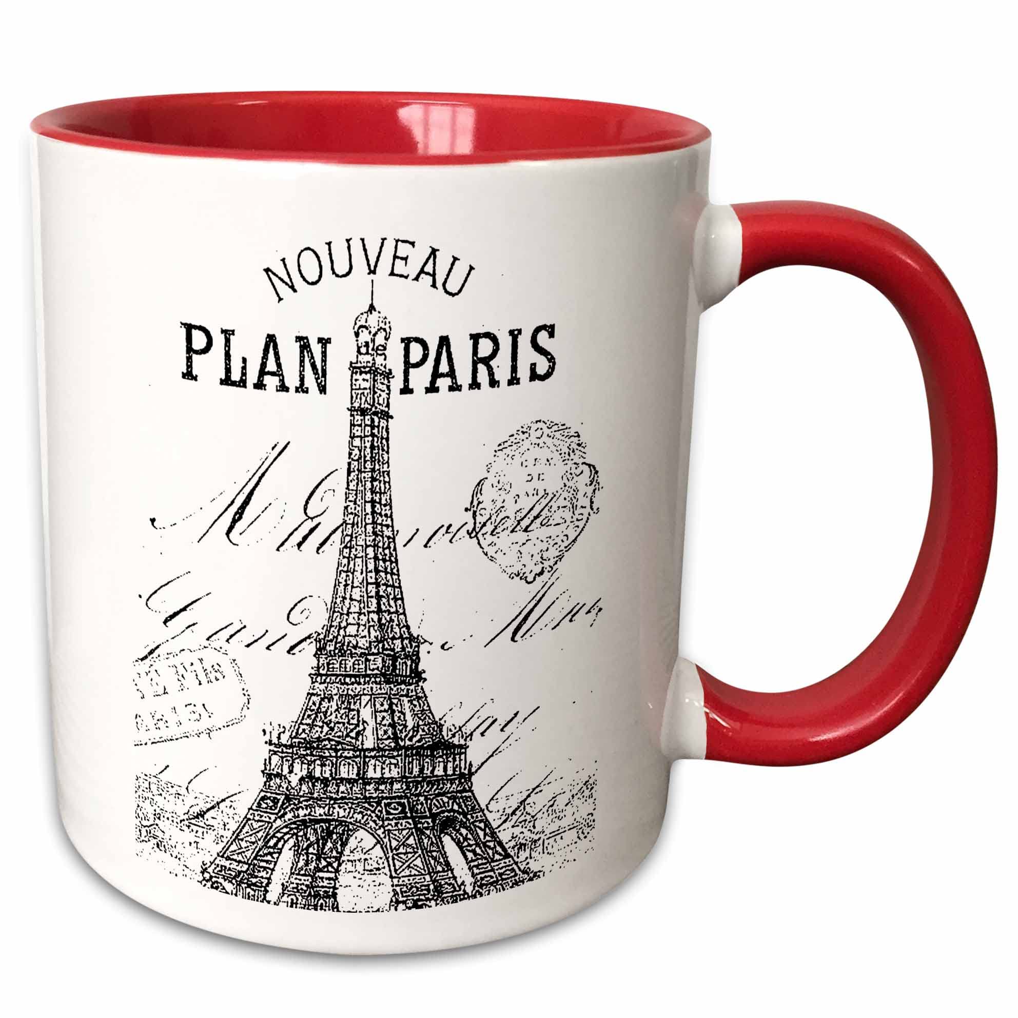 3dRose Nouveau Paris Vintage Eiffel Tower Two Tone Ceramic Mug, 1 Count (Pack of 1), Red/White