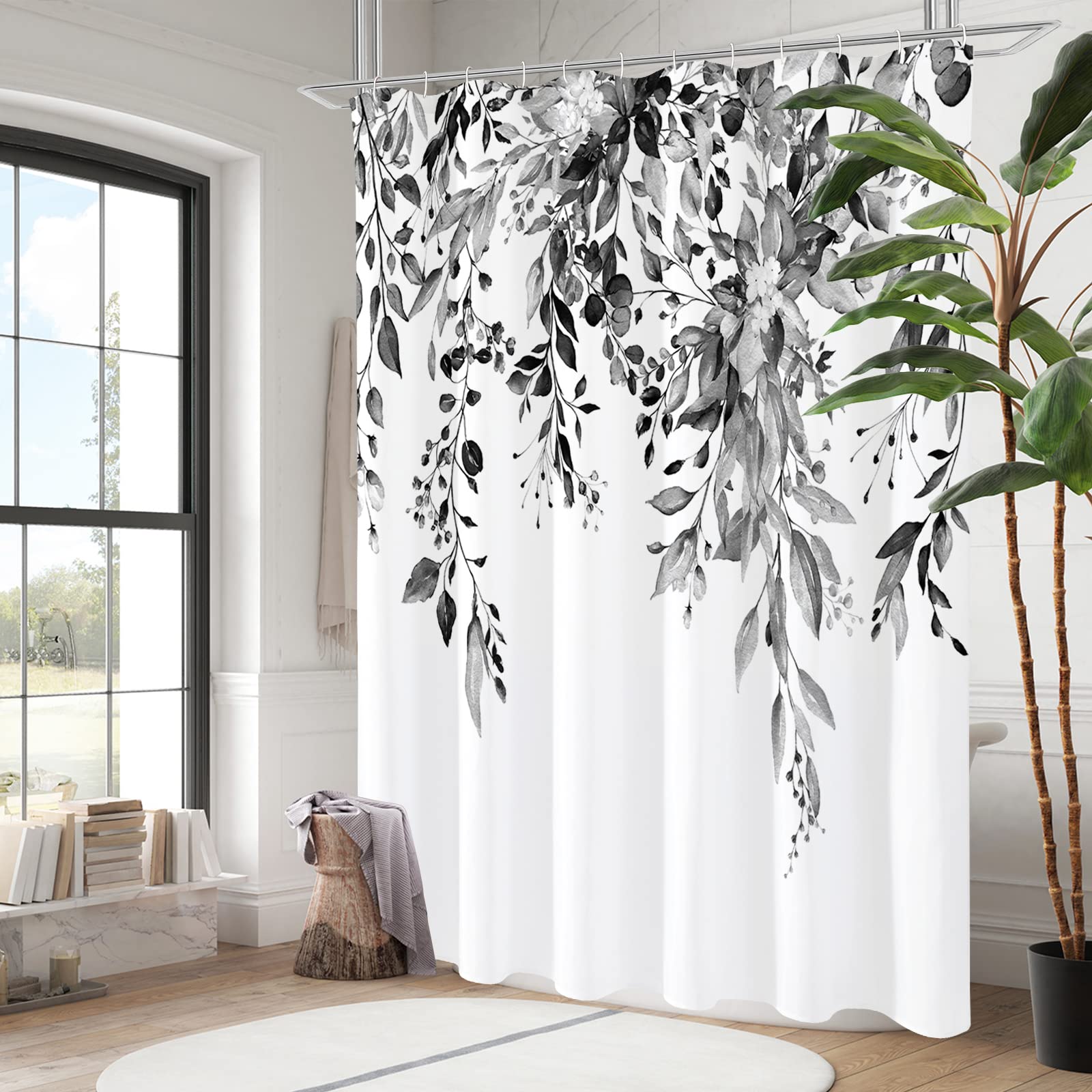Gibelle Black And White Eucalyptus Shower Curtain, Grey Watercolor Plant Leaves With Floral Bathroom Shower Curtain Set With Hoo
