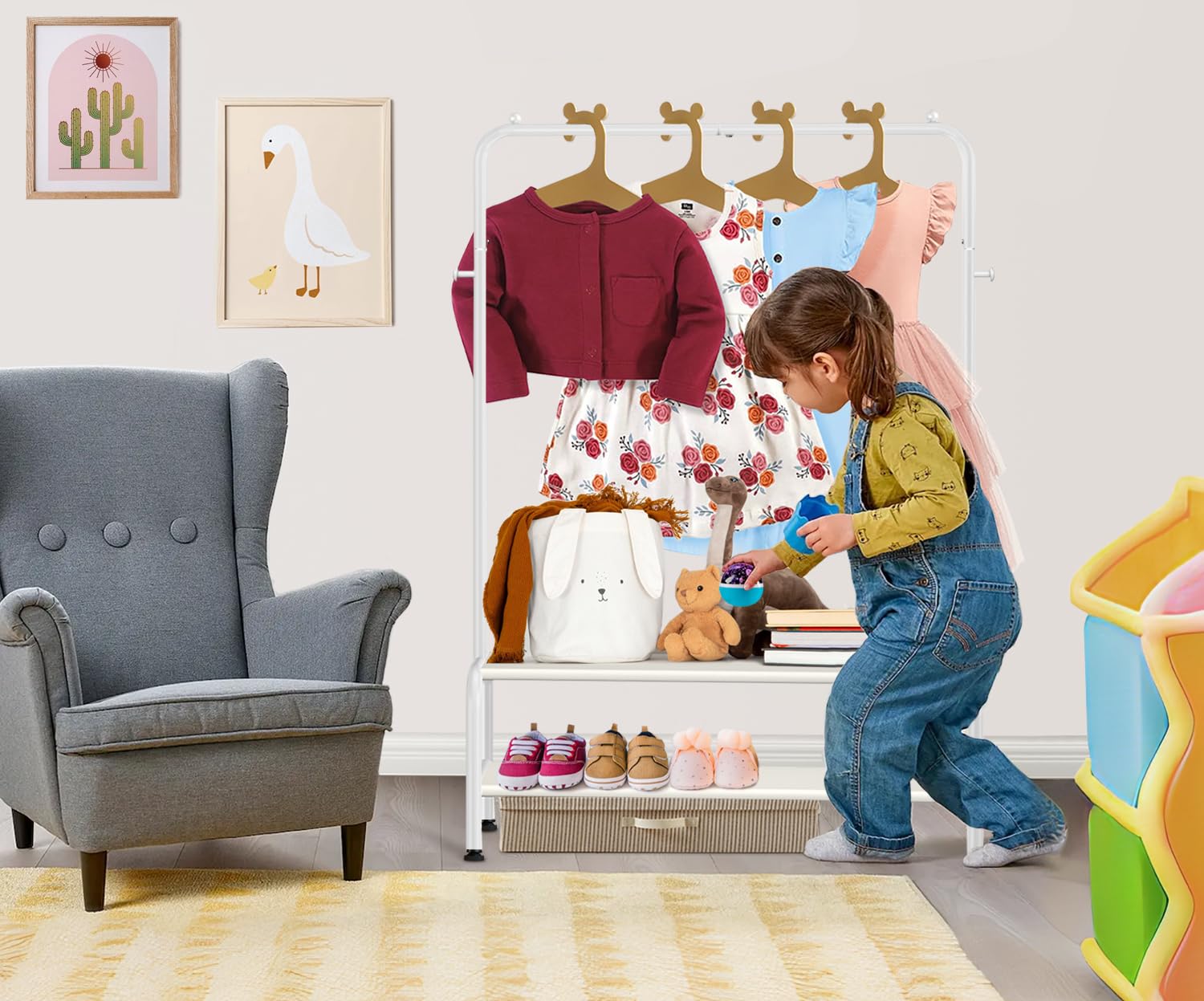 Kids Clothing Rack - Kids Dress Up Clothes Storage Racks - Baby Toddler Closet - Freestanding Coat Rack With 2 Fabric Shelves -