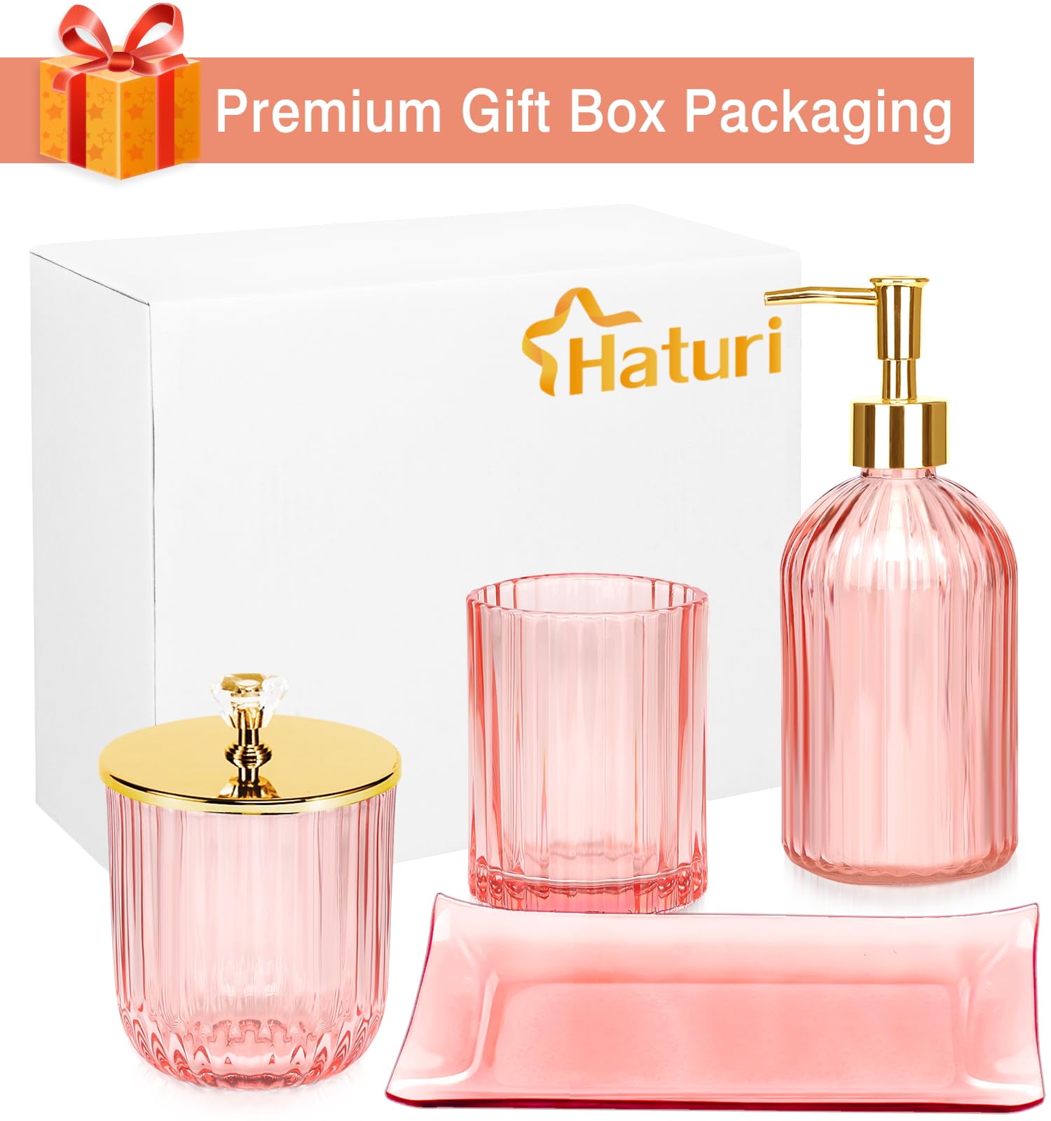 Bathroom Accessories Set  4 Pcs Glass Bathroom Accessories Sets Complete w/Lotion Soap Dispenser  Toothbrush Holder  Apothecary Jar  Vanity Tray  Modern Bathroom Decor  Gift for Home Apartment- Pink