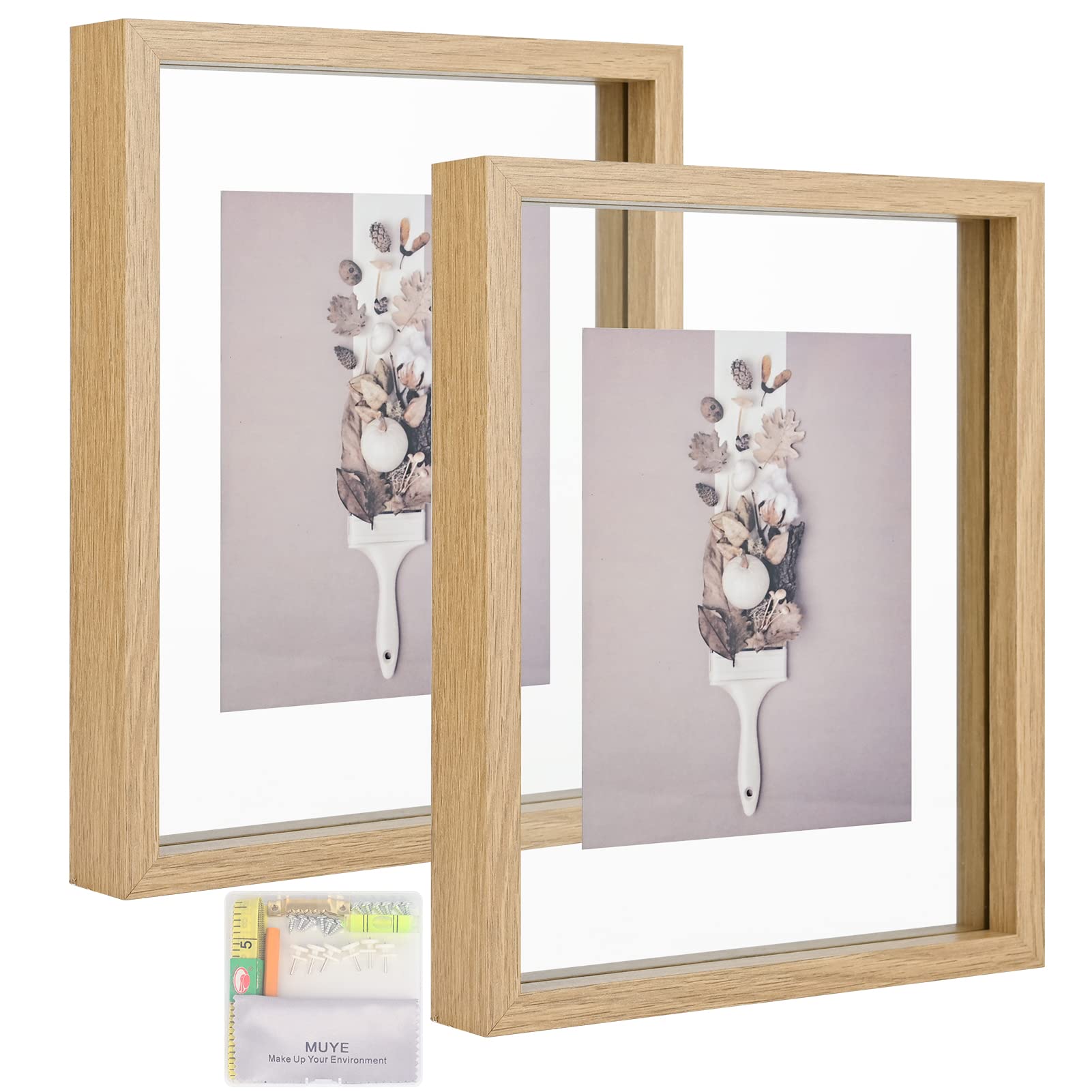 MUYE 8x10 Floating Frame Set of 2,Double Glass Rustic Photo Frame for Wall Hanging or Tabletop Standing,Display Any Size Photo u