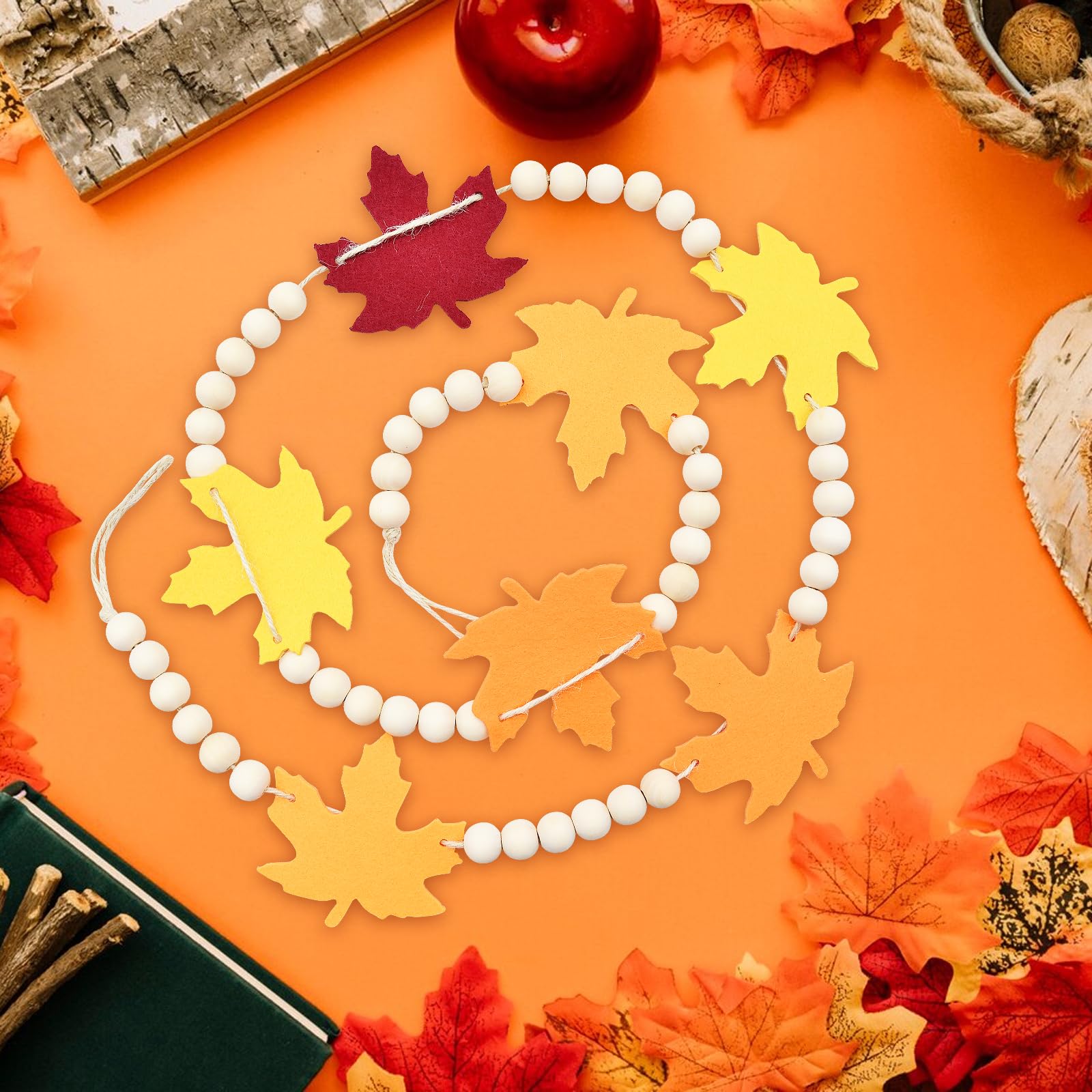 4.2 Ft Autumn Wooden Beads Garland With Maple Leaf Charms, Fall Harvest Colors Beaded Decor With Felt Maple, Rustic Farmhouse Ba