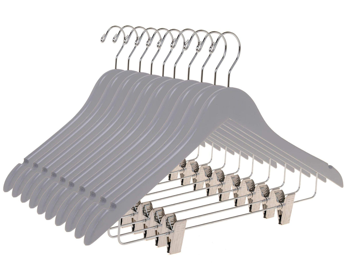 Quality Wooden Semi Curved Skirt Hangers With Clips, 10-Pack Smooth Solid Wood Pants Hangers With Durable Adjustable Metal Clips